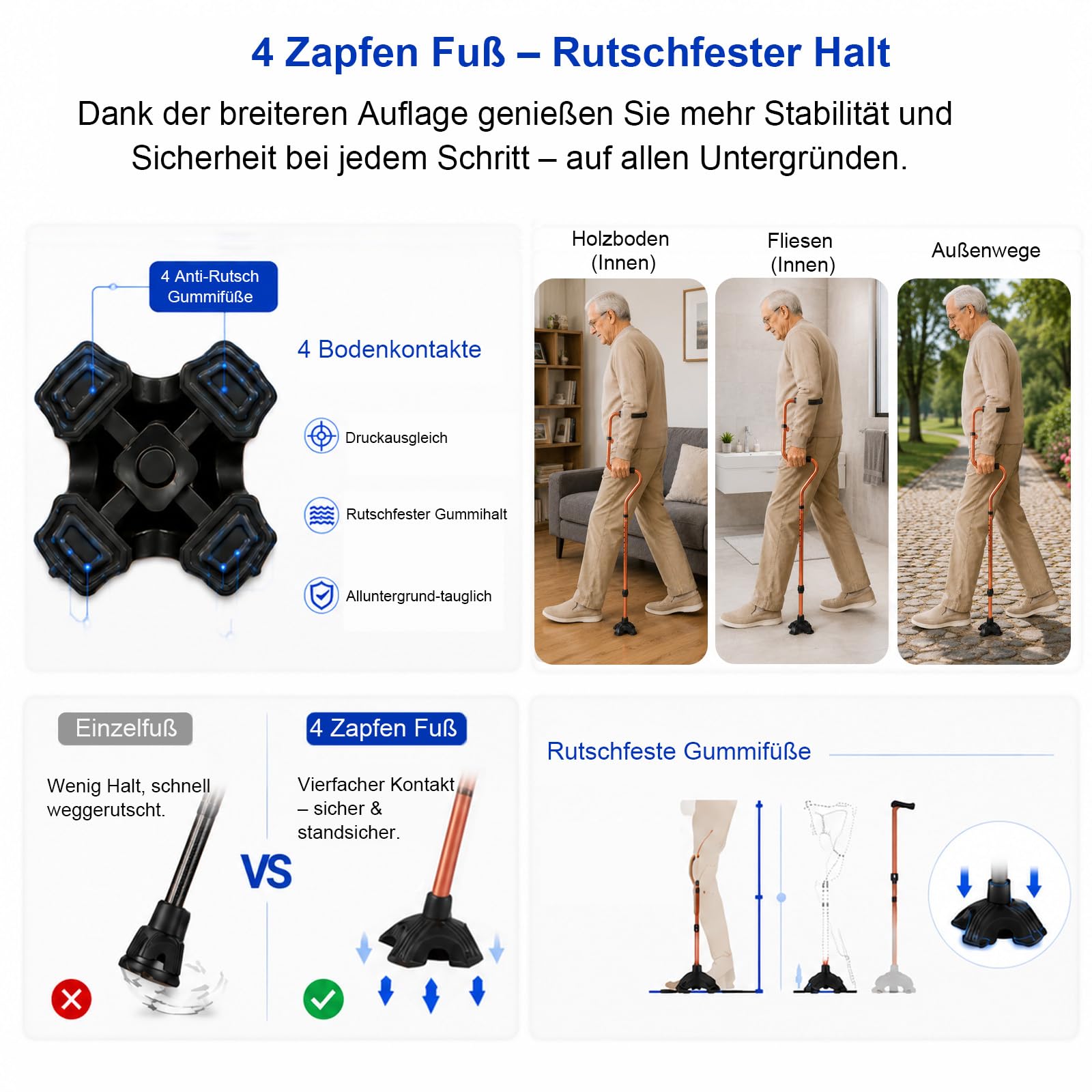 Bastone da passeggio Quad per uomo e donna, regolabile in altezza, con doppia impugnatura ergonomica e base in alluminio a quattro punte, pieghevole, leggero, portata fino a 100 kg, aiuto per la