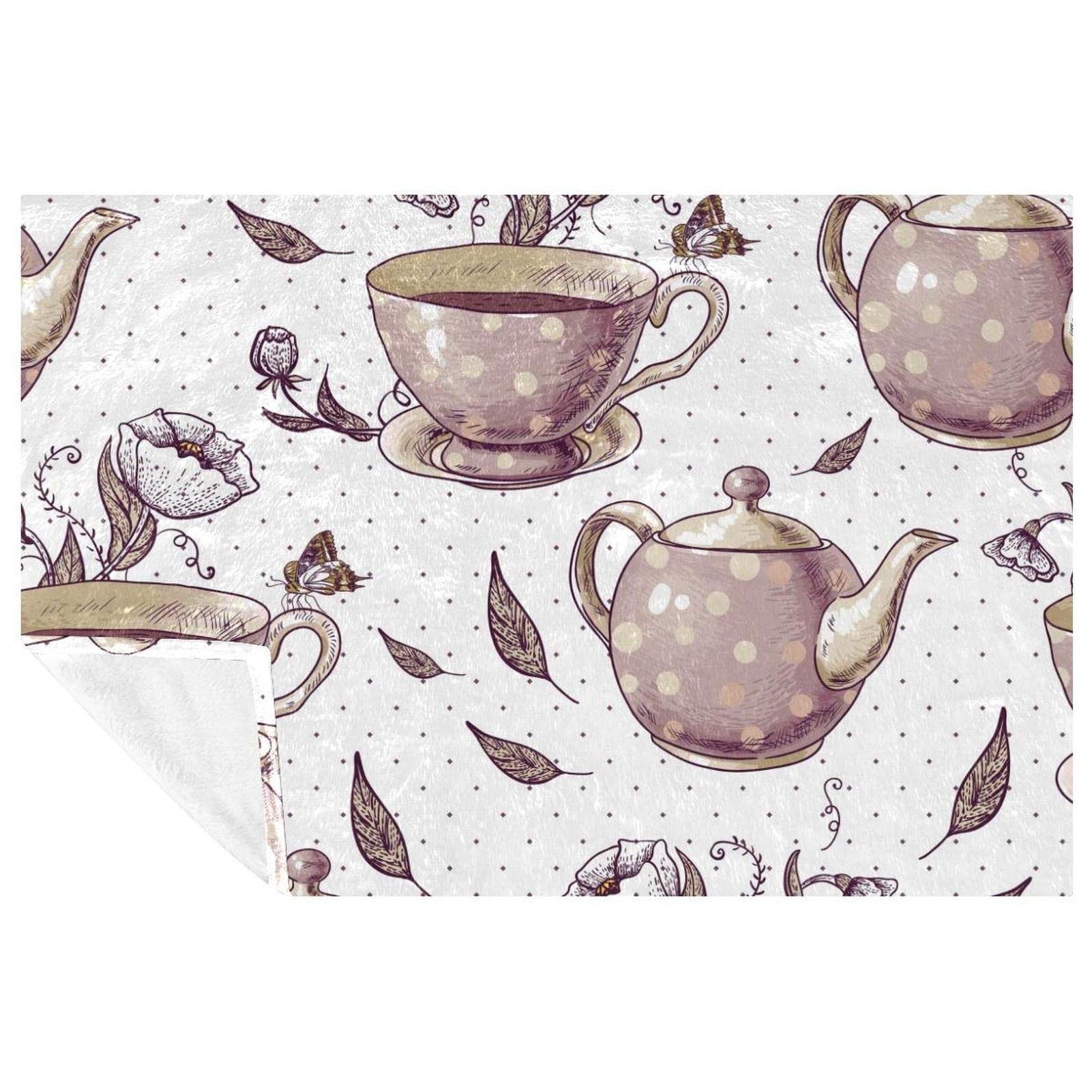 Couverture douce de lit haut de gamme : jeté motif théières fleuries 150x100
