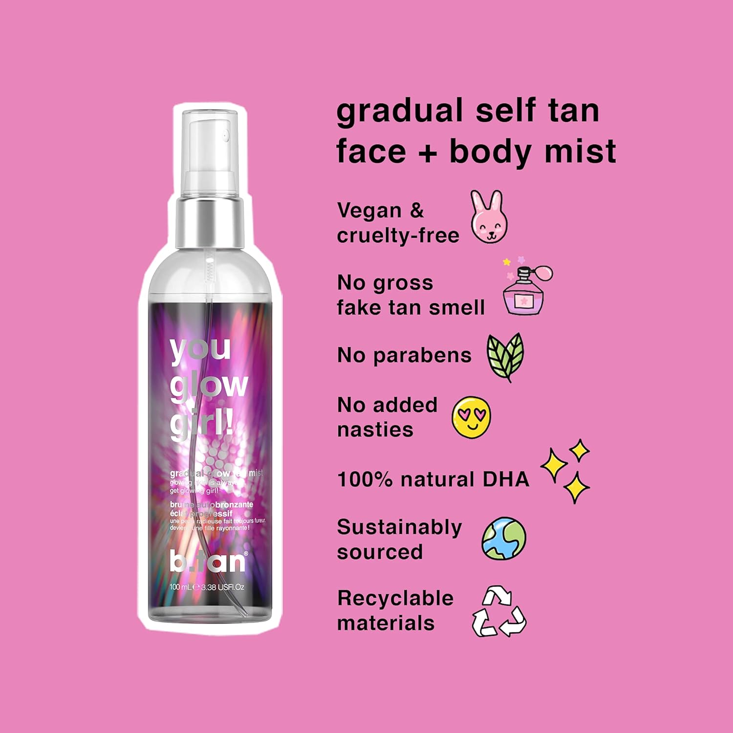 b.tan Self Tanner Mist You Glow Girl Lightweight Face + Body