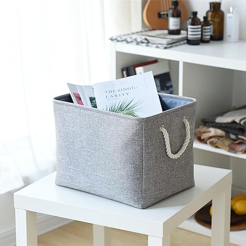 Vista 150 de Caja de almacenamiento para estantes, paquete de 6 canastas pequeñas de tela para organizar, cubos de almacenamiento plegables con asas para Blanco