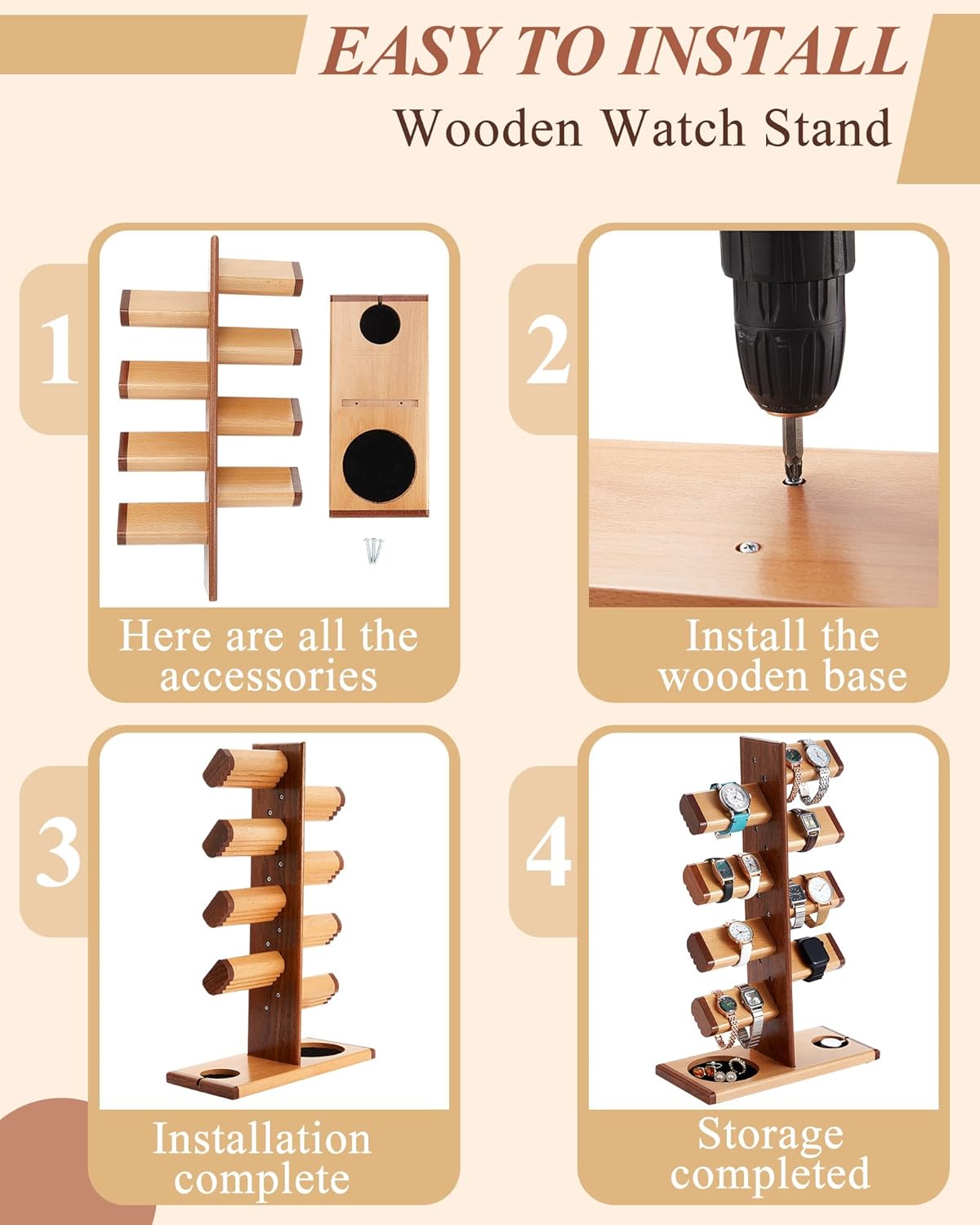 Wooden Watch Stand Watch Display Holder Tower Wood Display Stand with Charging Station Jewelry Organizer for Rings Necklaces Coins Gifts for Men Women (hold 16 Watches) - Image 6