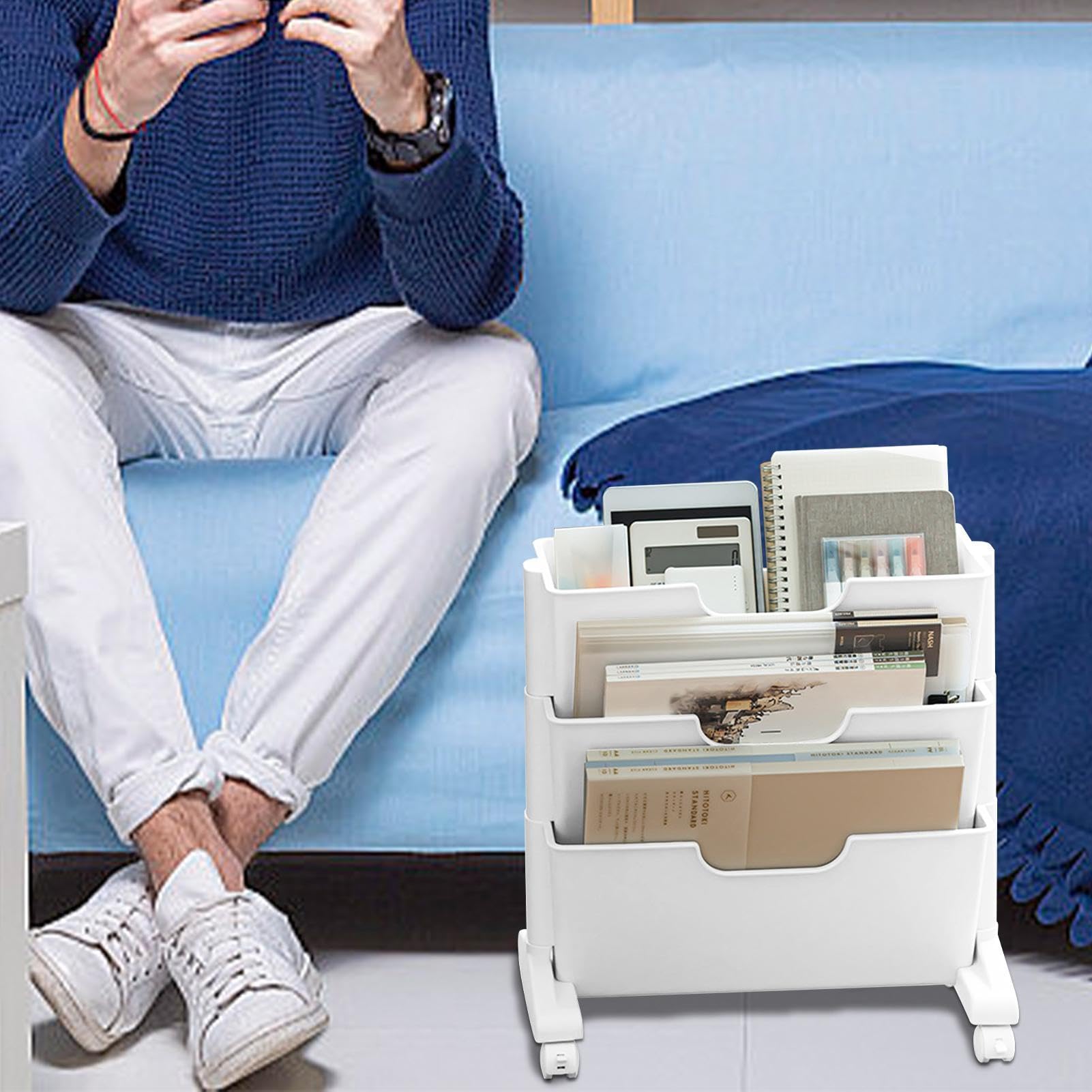 Chariot de bibliothèque mobile | Chariot à 3 étages à roulettes sous le bureau | Organiseur de lieu de travail mobile sous la table pour sacs d'information