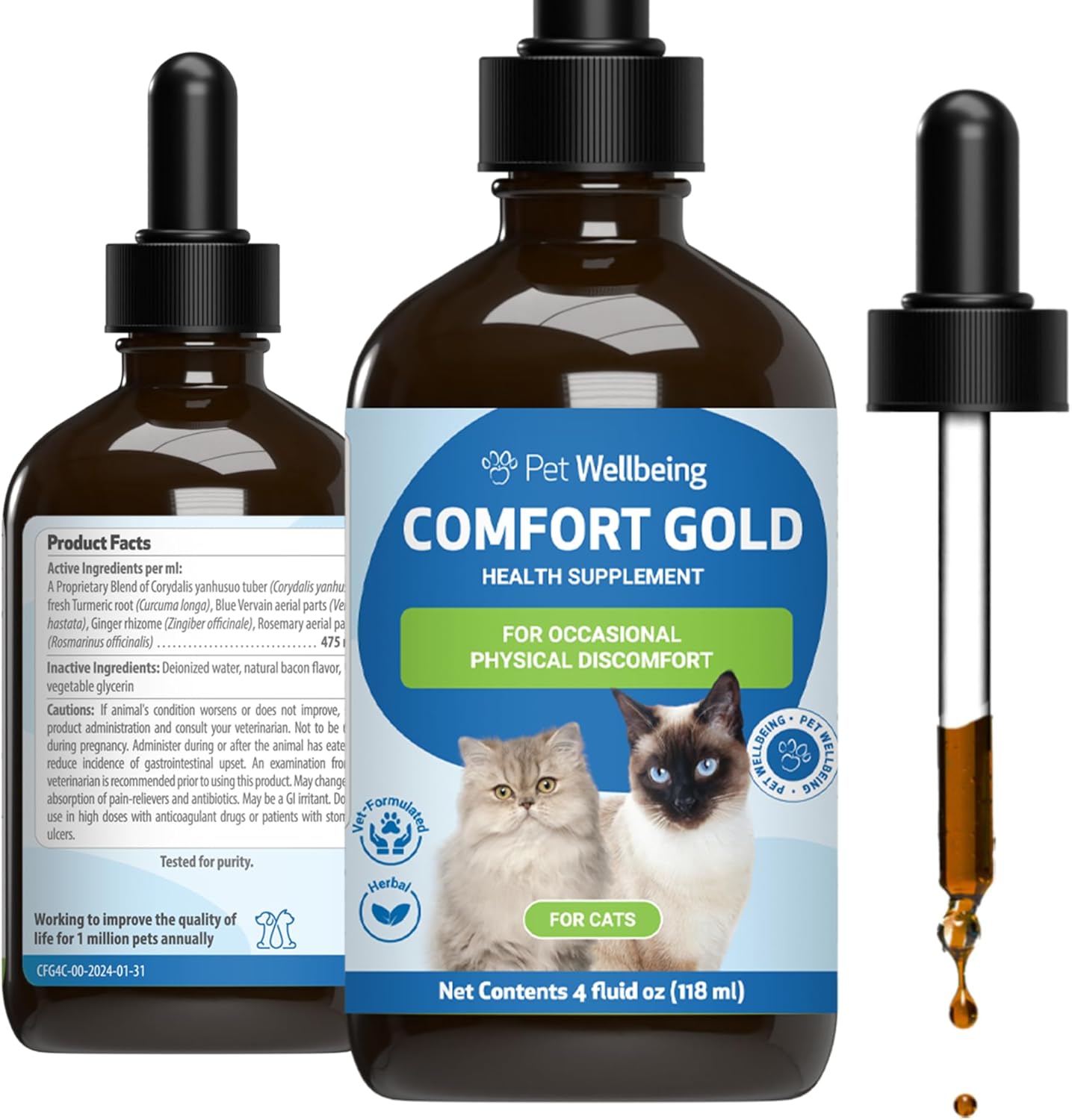 Pet Wellbeing Comfort Gold for Cats - Supports Feline Physical Comfort, Healthy Circulation, Corydalis, Turmeric - Veterinarian-Formulated Herbal Supplement 4 fl oz (118 ml)