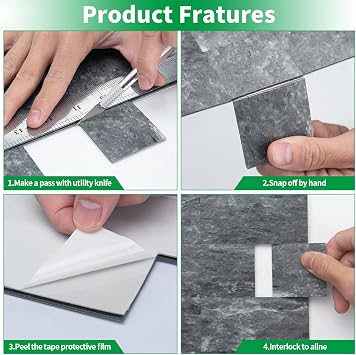 LONGKING 10-Sheet Peel and Stick Backsplash for Kitchen, PVC Stick on Tile for Bathroom Vanities, Kitchen Backsplash, Retro/Rustic Style Wall Decor in Dark Granite