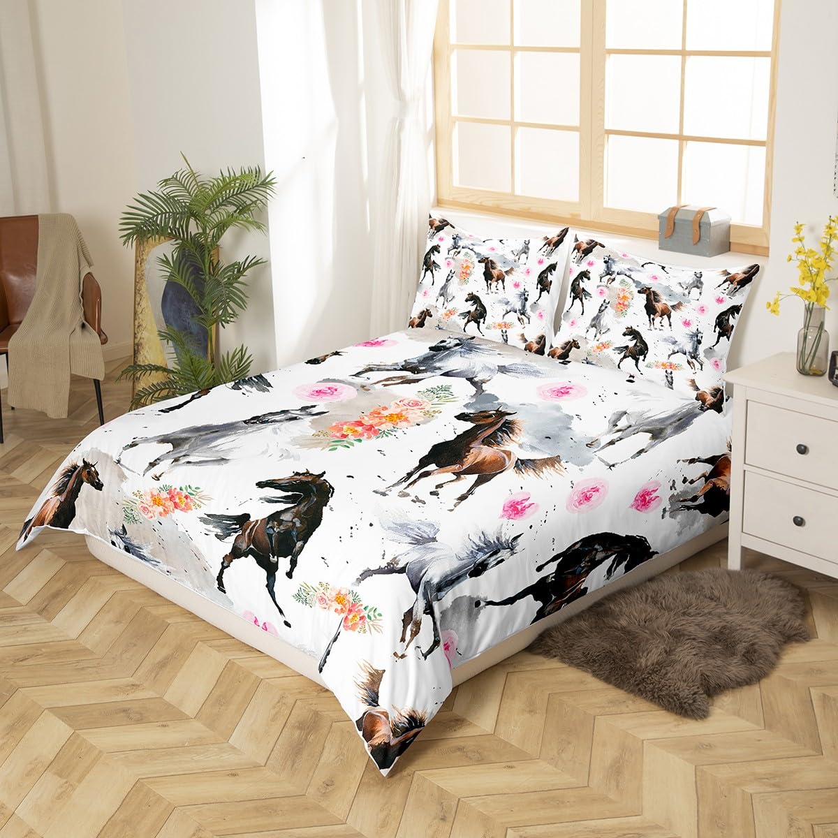Feelyou Cute Horse Duvet Cover Queen Size Galloping Horse Comforter Cover Floral Print Bedding Set Ink Horse Print Bedspread Cover for Kids Adults with 2 Pillow Case