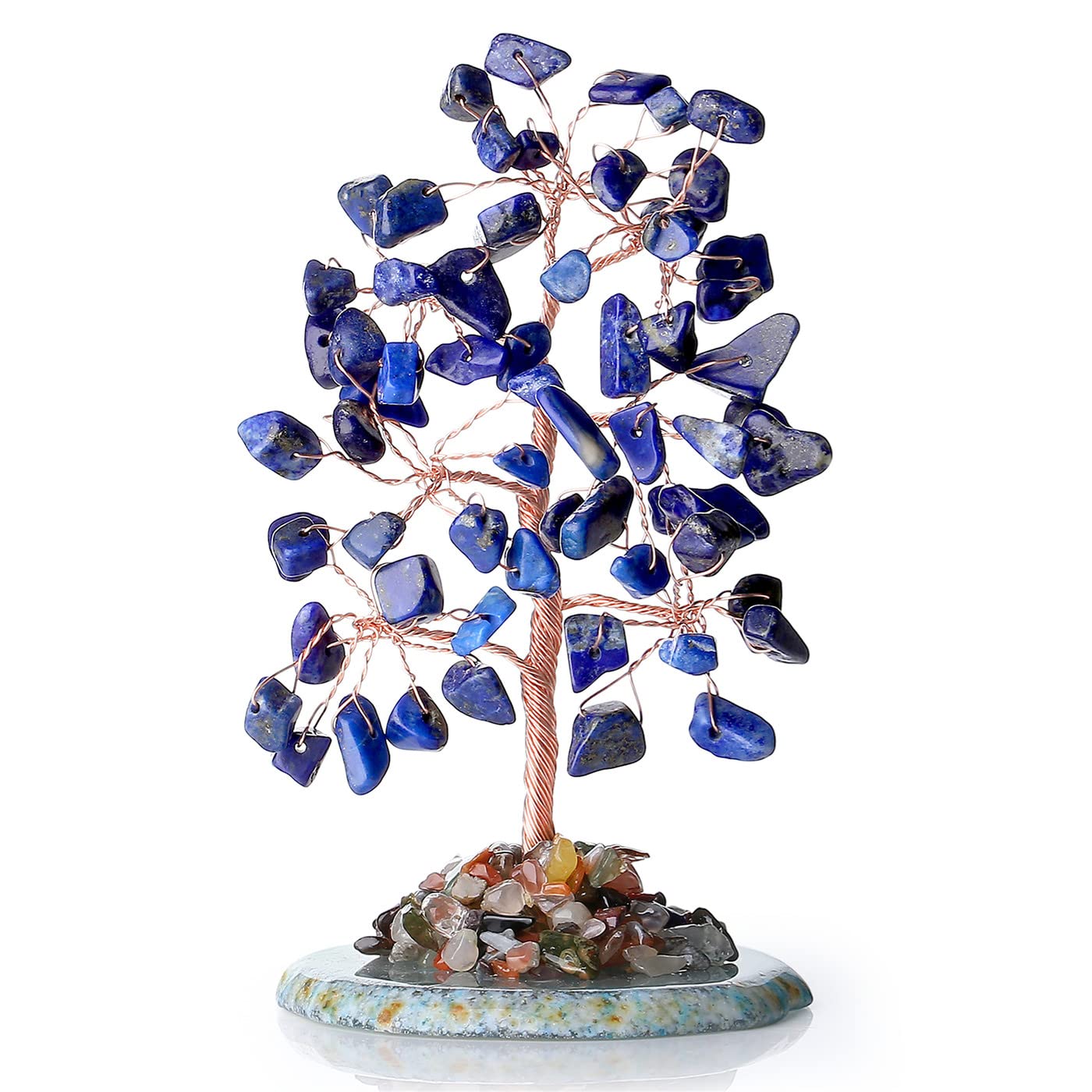 Lapis Lazuli Healing Crystal Tree of Life Natural Gemstone Agate Slice Base Copper Wire Wrapped Money Trees Feng Shui Spiritual Energy Decorations