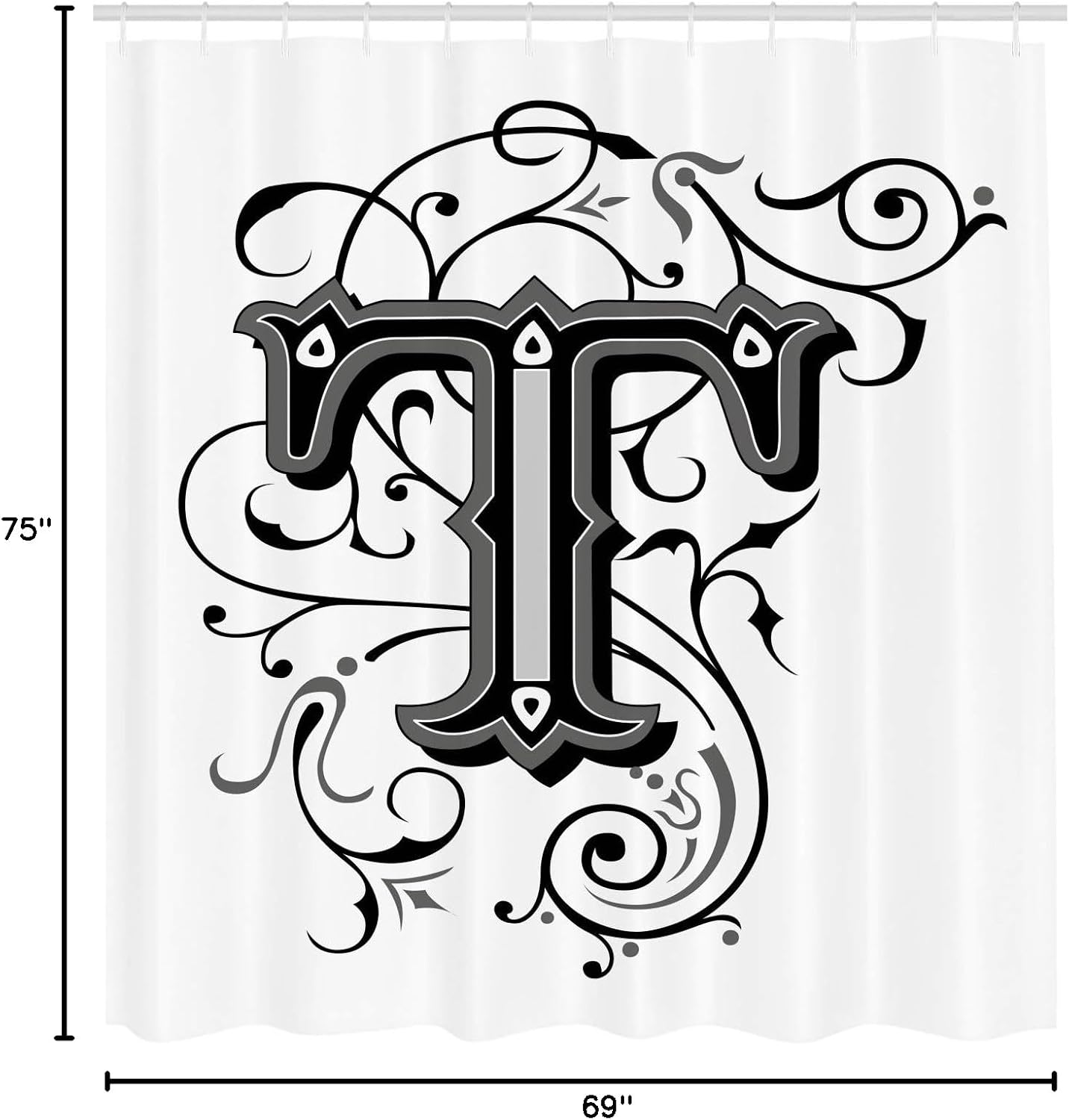Ambesonne Letter T Shower Curtain, Symmetrical Uppercase Letter in Renaissance Art Style Ornamental Monochrome, Cloth Fabric Bathroom Decor Set with Hooks, 69" W x 75" L, Black Grey White