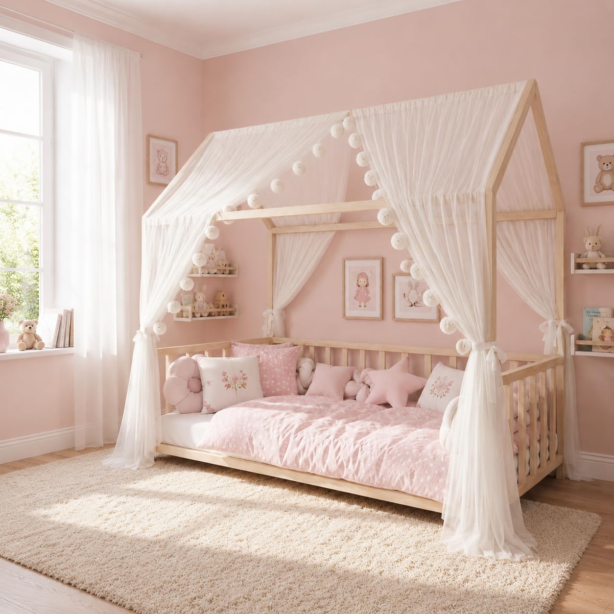 Baby Fancyroom Letto a baldacchino, per camera dei bambini, colore bianco/ecru per lettino, cameretta dei bambini, baldacchino, tenda da letto per ragazze, camera della principessa (con 5 farfalle