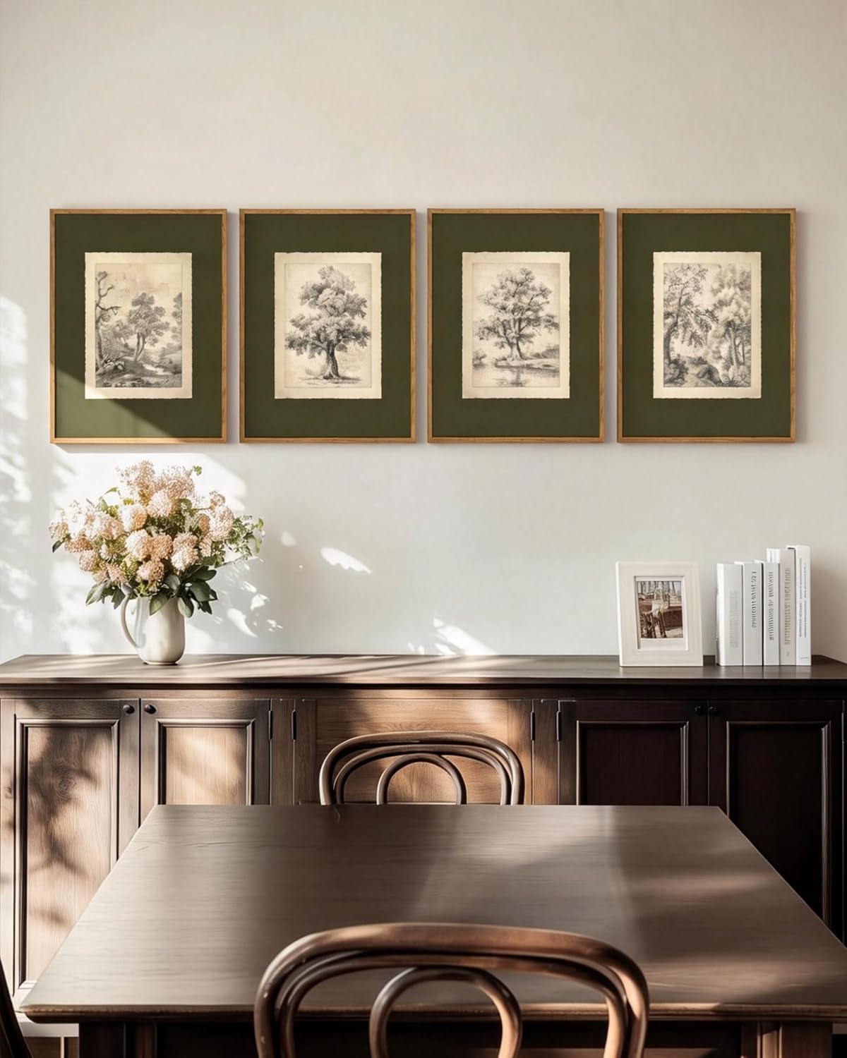 InSimSea 4 pcs Framed Wall Art, Vintage Sketch Tree Canvas Prints, Bathroom Kitchen Sage Green Nature Decor, Neutral Toned, Rustic Shelf Decor, Small Size,11x14in