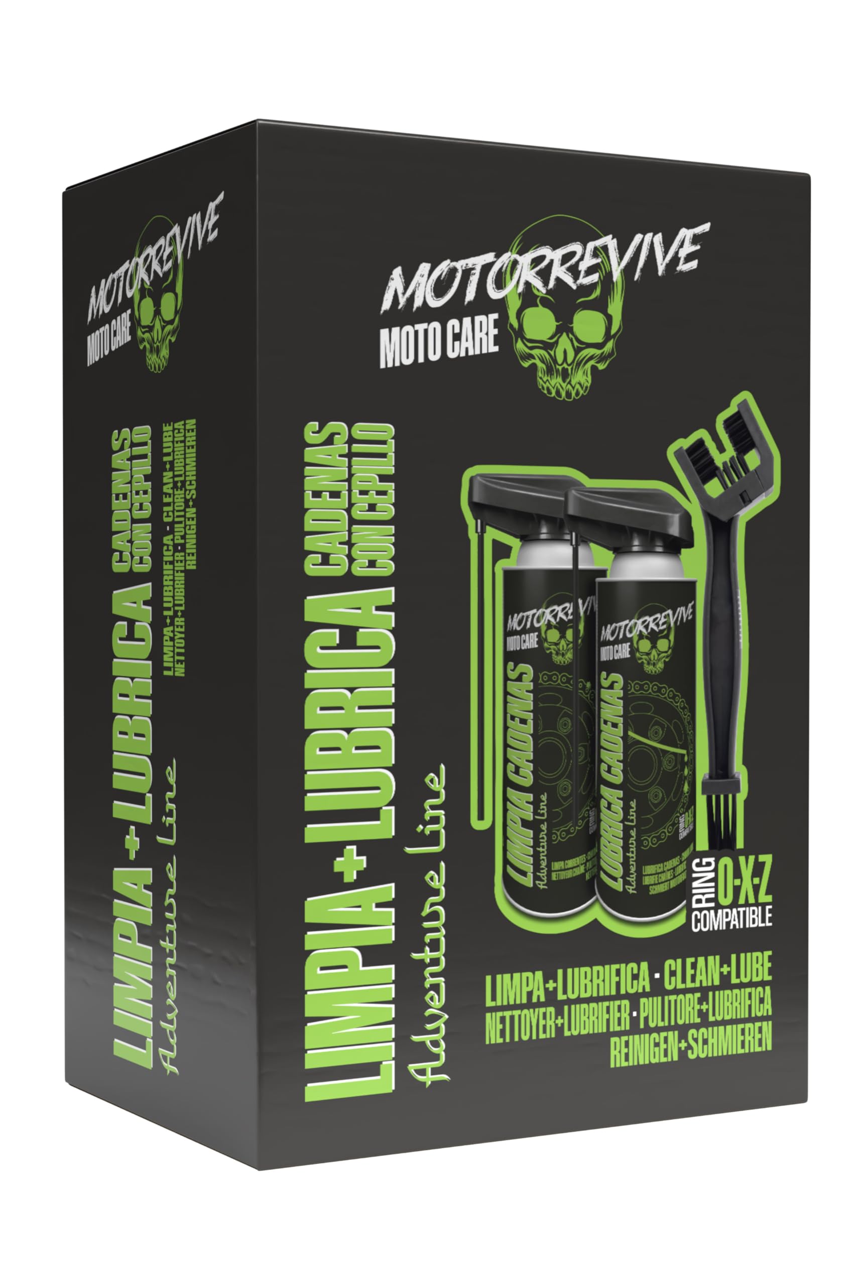 Pack Adventure Line con Limpiador, Lubricante y Cepillo para Cadenas de Moto Off-Road 380 + 380 ml | Mantenimiento Completo para Motocross, Enduro y Rutas Todo Terreno