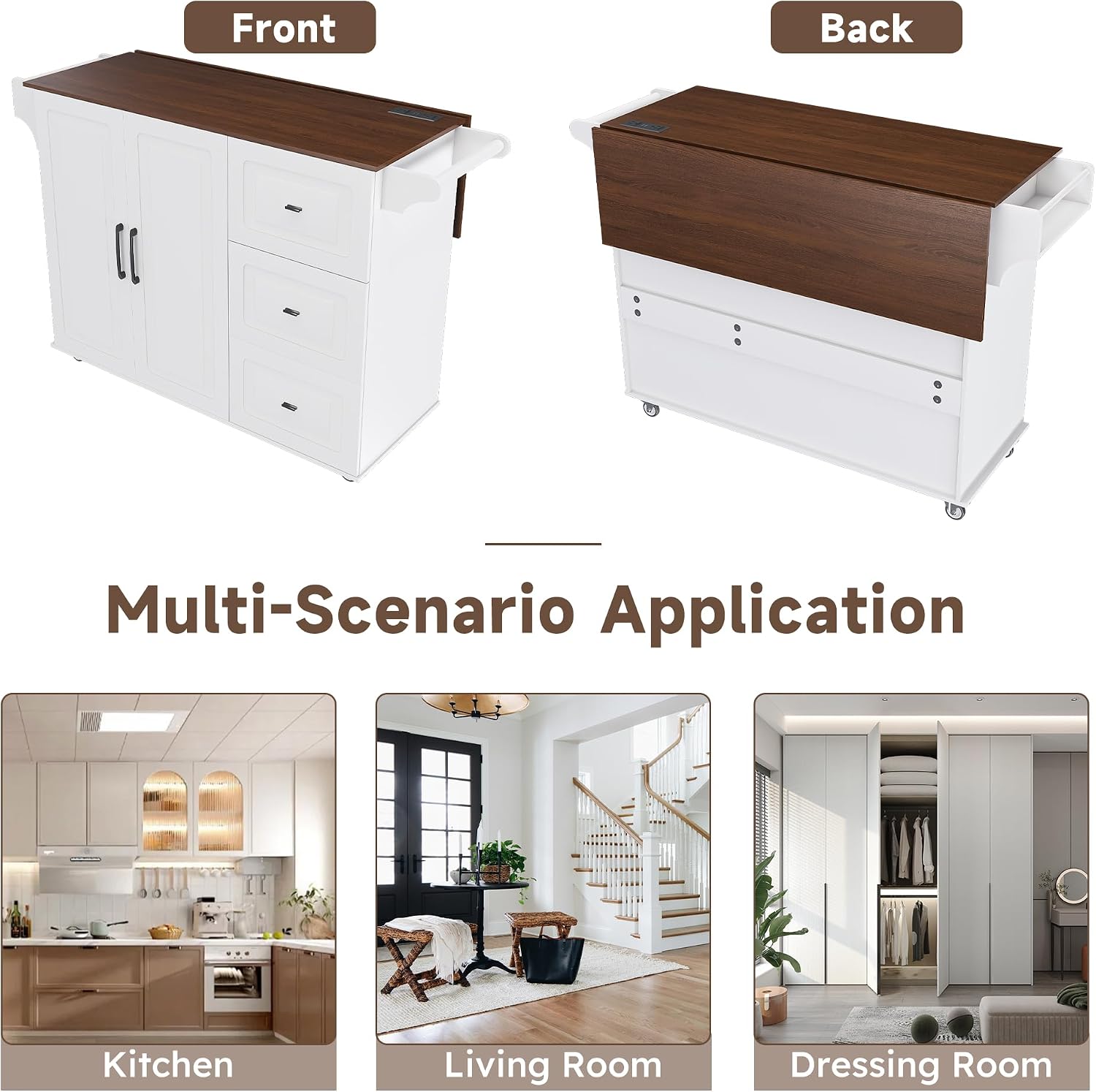 Leavader 53" Kitchen Island Cart with Power Outlet & Drop Leaf, Mobile Kitchen Rolling Island with Spice Rack&Towel Rack, Portable Breakfast Bar on Wheels with Storage Cabinet and Drawers, White