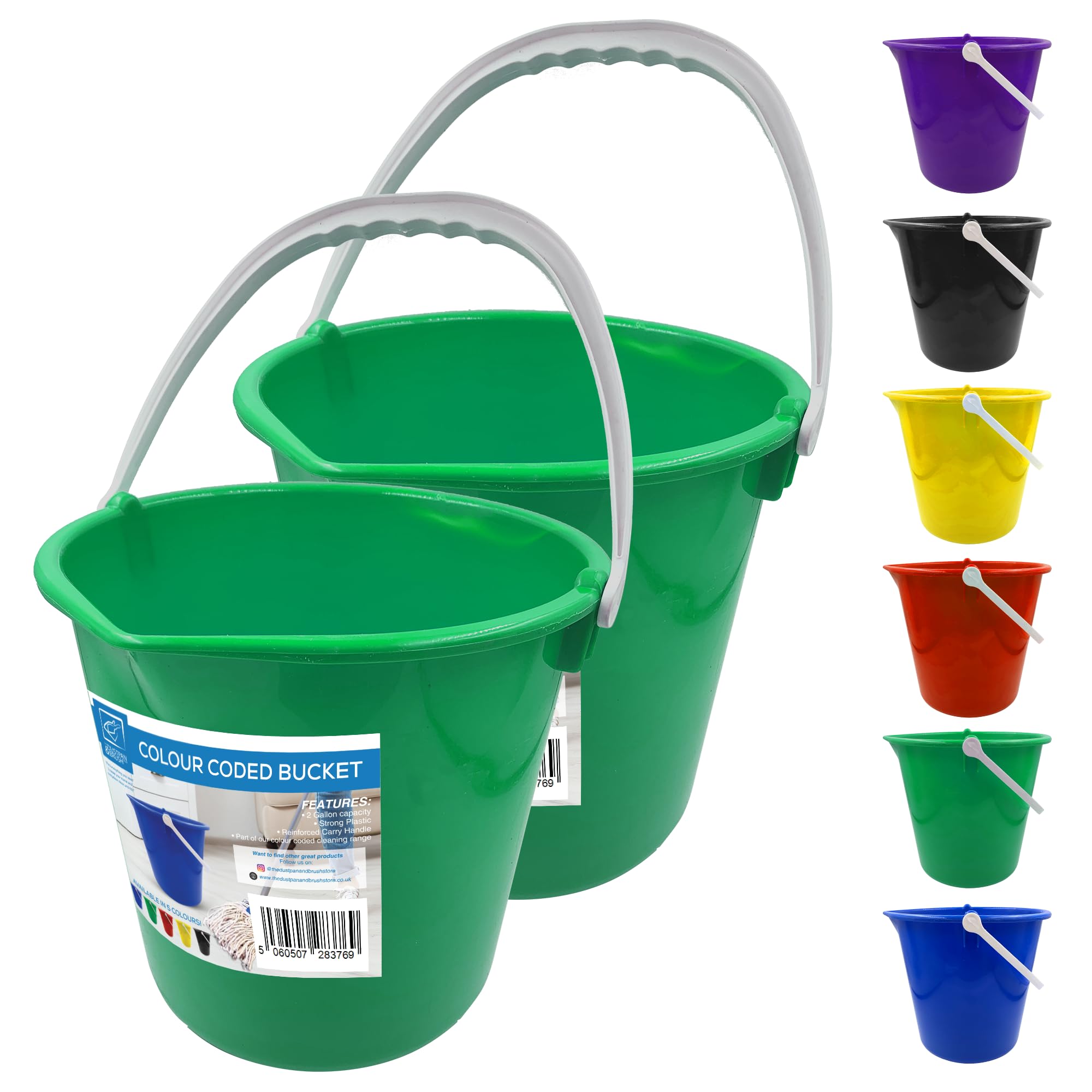 Colour Coded Plastic Bucket with Handle, 2 Gallon (7.5L) Household Heavy Duty Bucket with Spout and Easy-Grip Handle, Multipurpose Water Pail for Cleaning, Bath, and Gardening (Green Pack of 2)