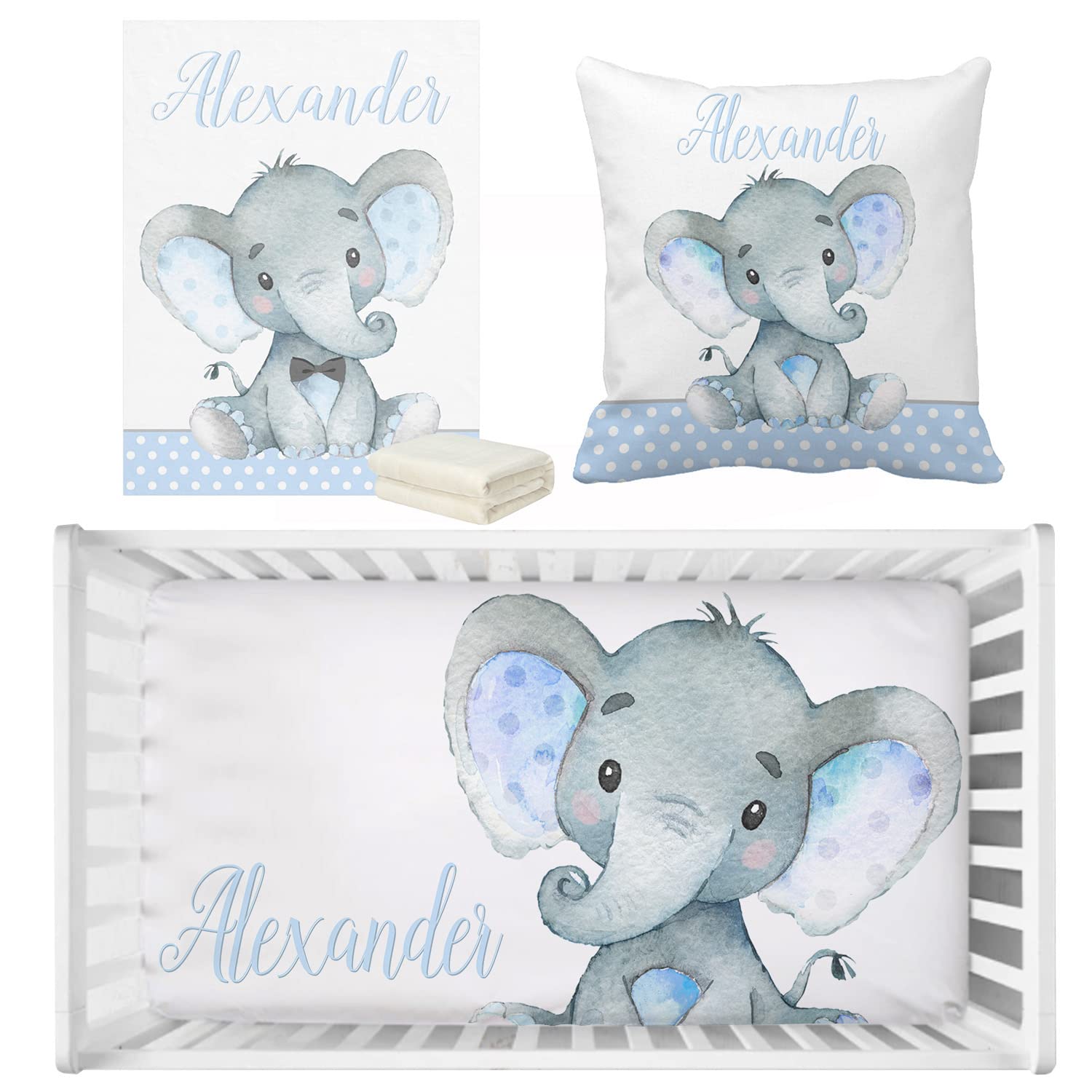 UOOPOO-US3Pcs Blue Elephant Baby Crib Sheet Set, Personalized Fitted Crib Bedding Sheet with Name, Crib Mattress Sheets for Baby Boys Girls, Mini Crib Sheet | Name Crib Sheets Set