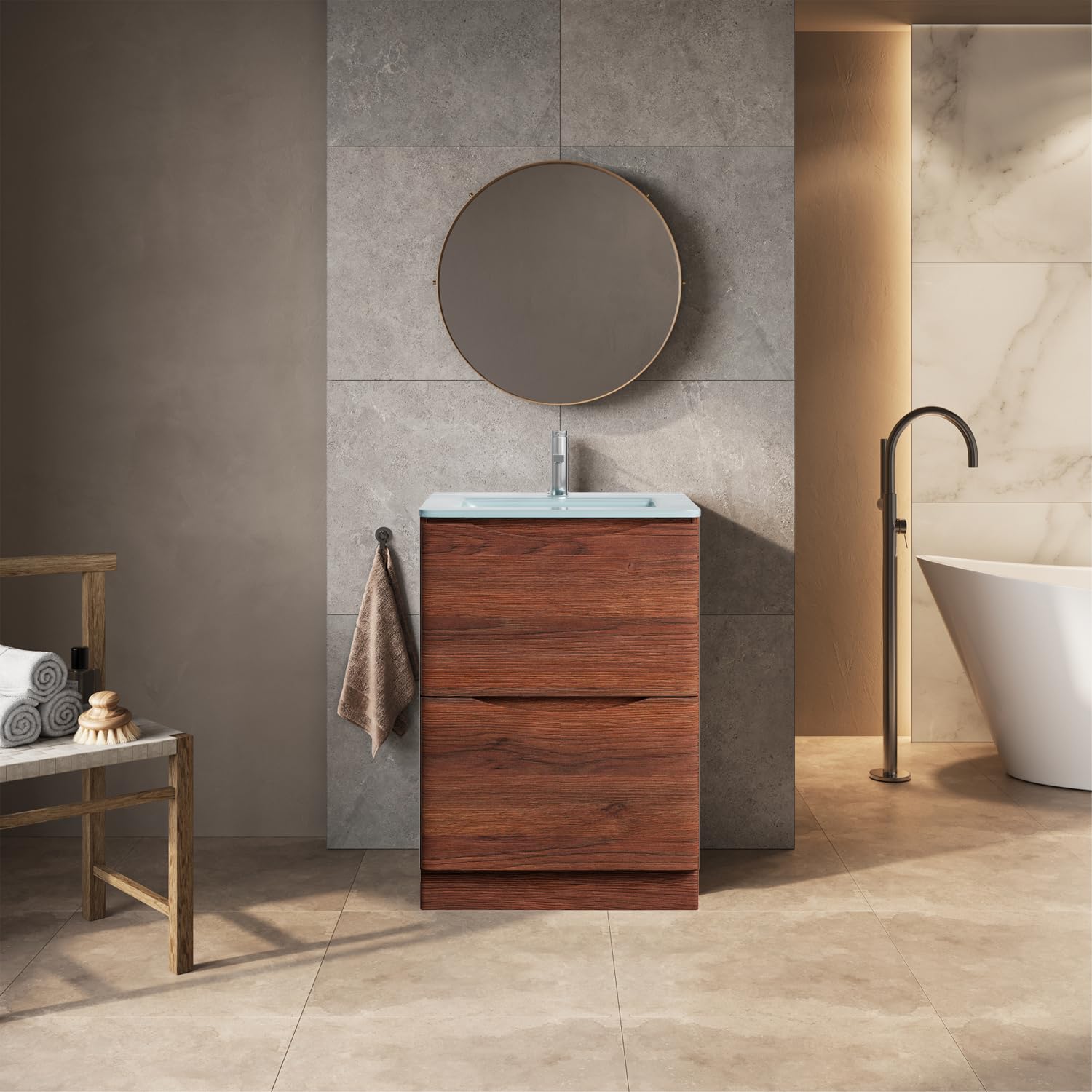 Eaton Redwood 600mm Floor Standing Vanity Unit Inc White Glass Basin Sink Vanity Unit Under Sink Bathroom Cabinet Storage Vanity Sink