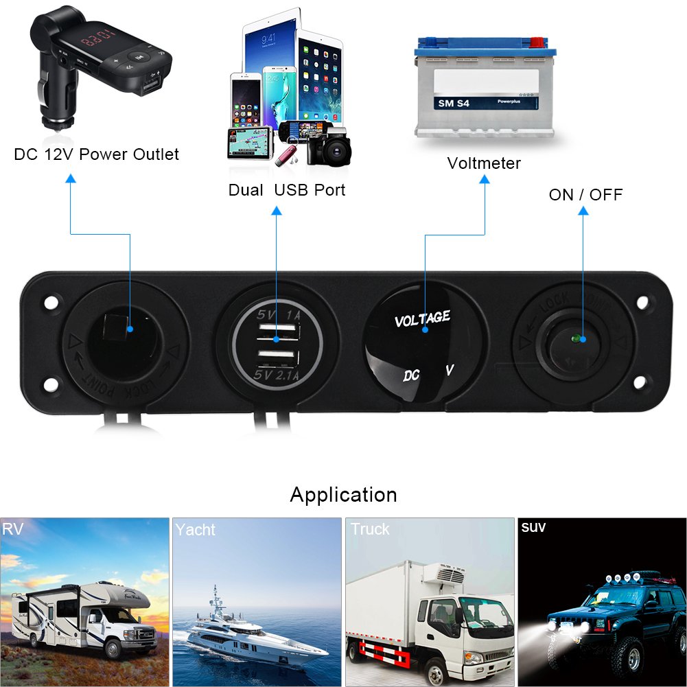 MASO Panel gniazda ładowarki 4 w 1, podwójna ładowarka USB 2,1 A i 2,1 A + woltomierz LED + gniazdo zasilania 12 V + przełącznik ON-OFF wodoodporny panel wielofunkcyjny do ciężarówki, przyczepy,