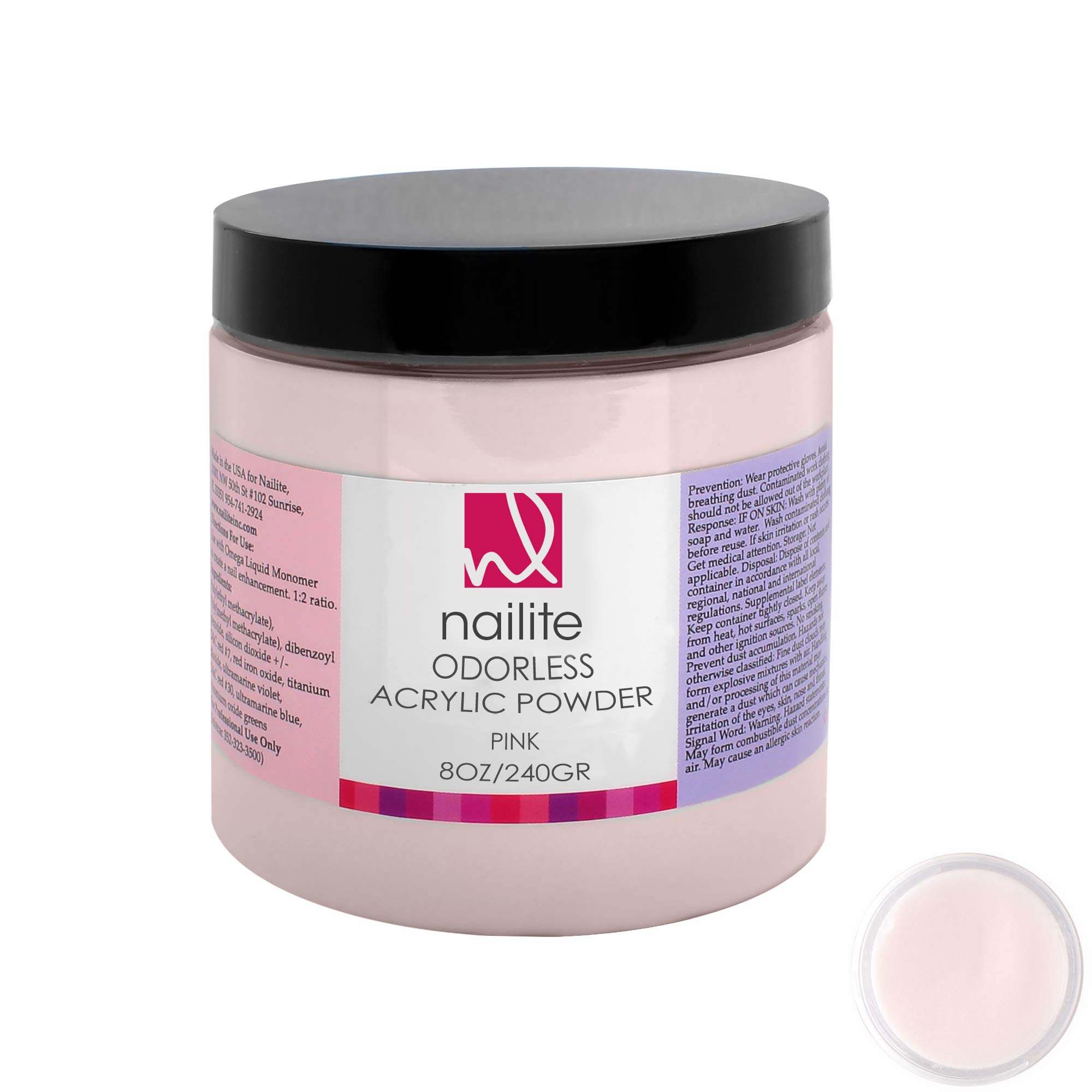 NailiteOdorless – Professional Acrylic Powder for Nail Extension System, Resistant, Long-Lasting, EMA Formula and Non-Yellowing Effect – Pink (8 Oz.)