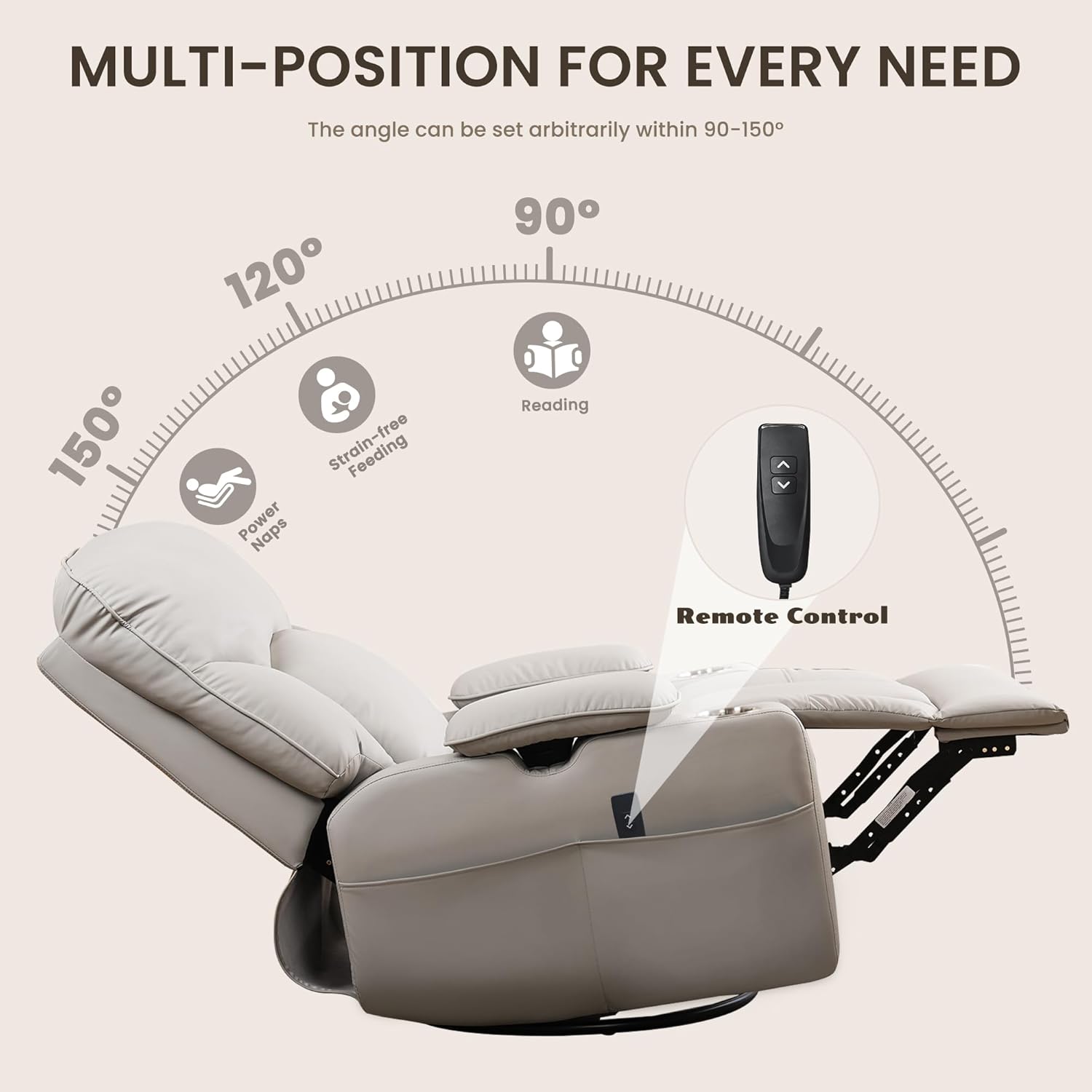 GRAINELL Rocking Chair Nursery, Electric Swivel Recliner Glider with Adjustable Armrests, Nursing Chair with USB Charger, Cup & Blanket Holders,Grey PU Leather
