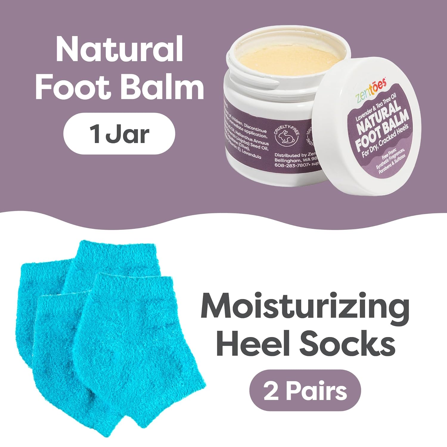 ZenToes Moisturizing Heel Socks with Natural Hydrating Foot Balm Bundle - Home Pedicure Gift Set - Fuzzy Blue Kit