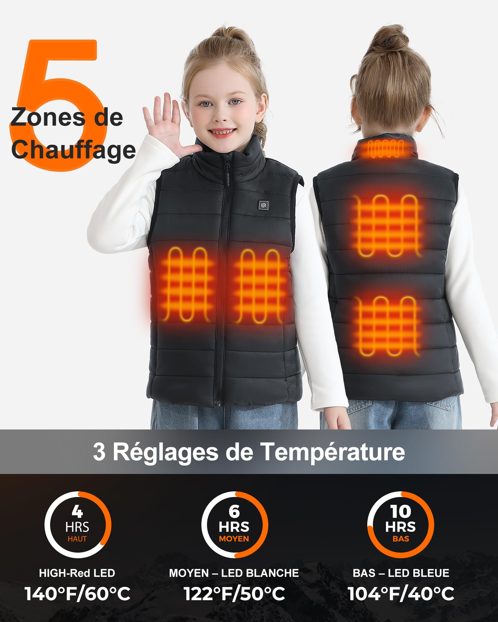 Gilet Chauffant Enfant Avec Batterie Incluse 12000mAh 7.4V, Électrique Veste Chauffante Enfant Avec 5 Zones De Chauffage, Gilet Chauffant Pour Garçons Et Filles Pour Plein Air Sports Hiver -XL