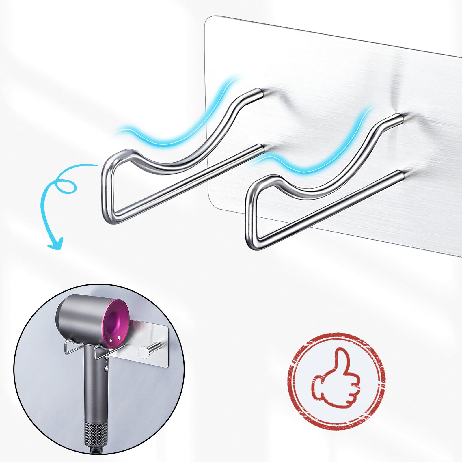 Supporto per asciugacapelli da Bagno a Parete Senza Foratura, in Acciaio Inox con mensole di Supporto, Supporto per asciugacapelli, da incollare per Bagno, Camera da Letto, Hotel (Argento)
