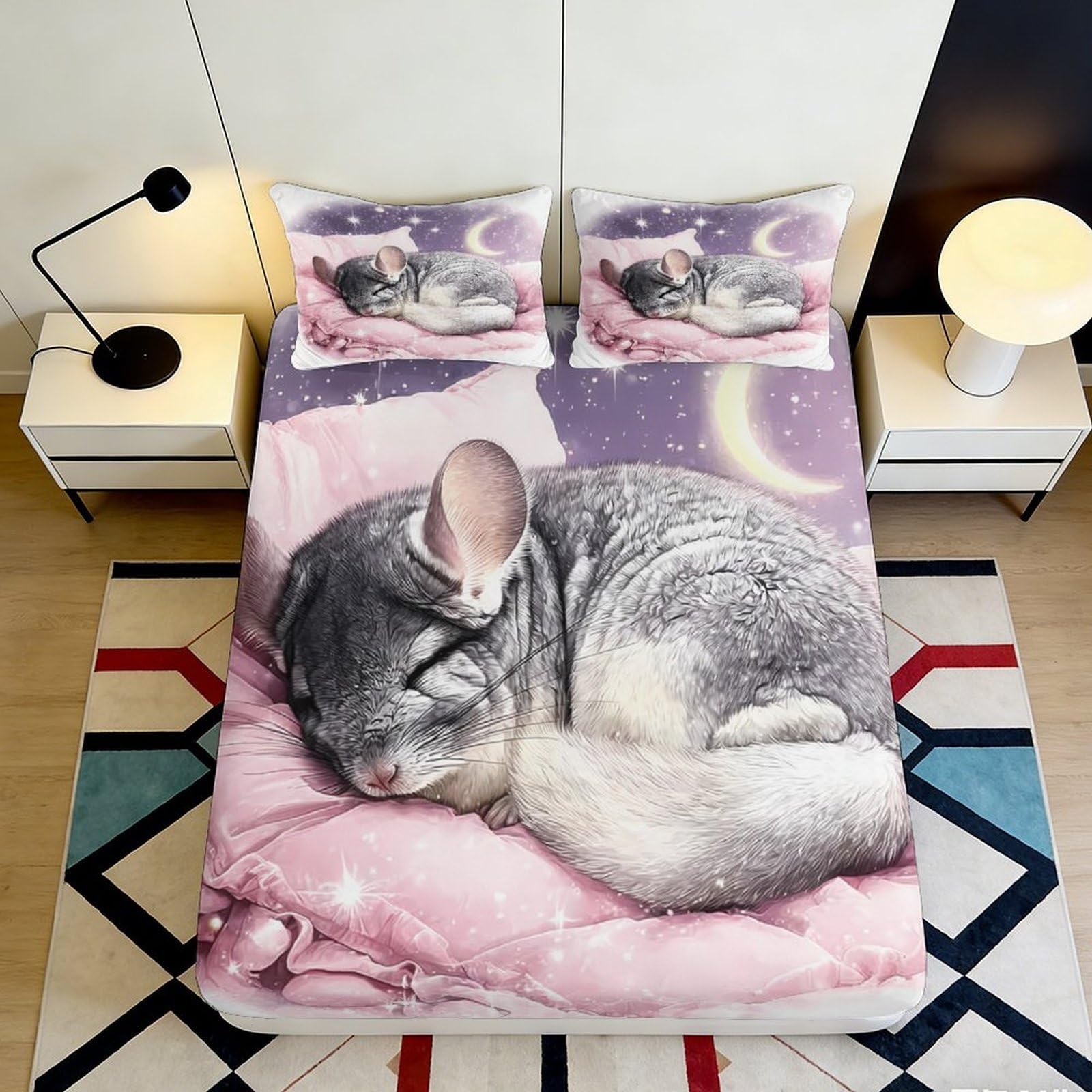 3D Printed Sleeping Cat Fitted Sheet Microfiber Soft Pink Moon Mattress Cover for Bedroom Dorm Home Decor 90x200x25cm