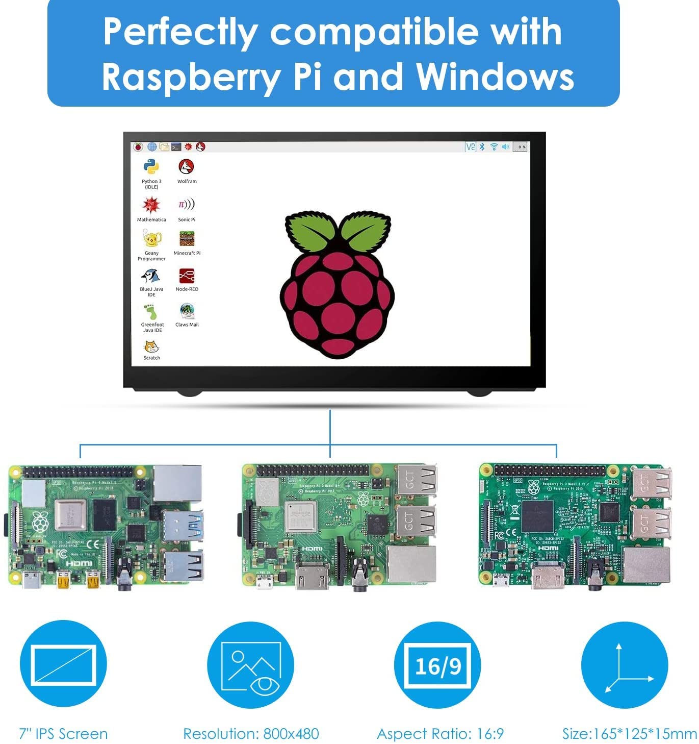 HMTECH Schermo da 7 pollici Raspberry Pi 800x480 Monitor portatile HDMI Schermo LCD IPS per Raspberry Pi 4/3/2/Zero/B/B+ Win10/8/7 (non touch)