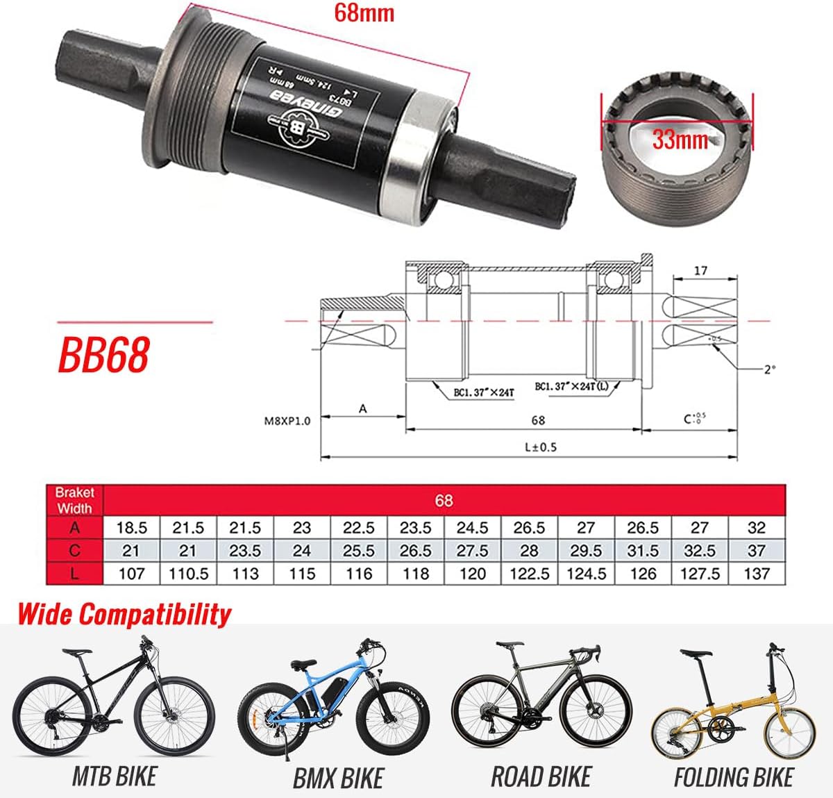 Bike Square Taper Bottom Bracket BSA 68mm Steel Crank Spindle | Multi-size for choose, Lightweight, Durable replacement for BB-UN26, Includes 2 pcs mounting screws for easy install