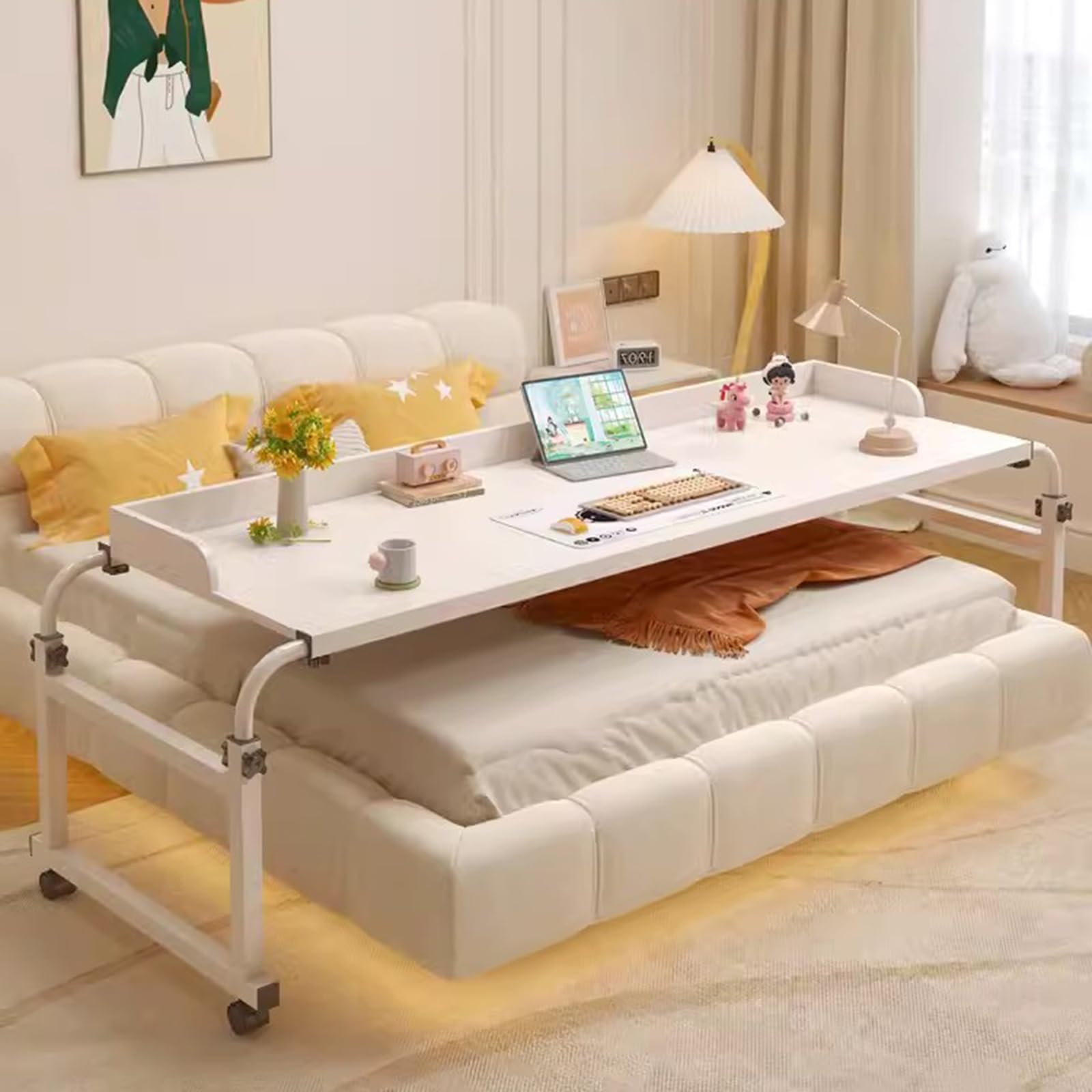ZHFASDS Medical Table With Wheels，Over Bed Desk Height Adjustable 65-95cm Food Tray Desk Rolling Medical Table Stretchable Lazy Design Standing Over Bed Table King Size(Color:White)