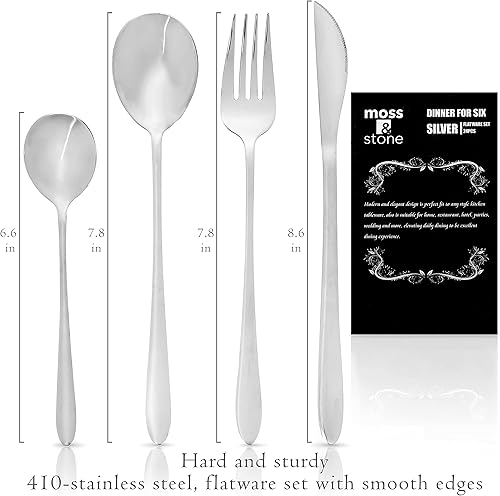 Miniatura 2 de Moss & Stone Juego de cubiertos de 24 piezas para 6, juego de cubiertos de acero inoxidable, juego de utensilios pulido con espejo, incluye tenedor,