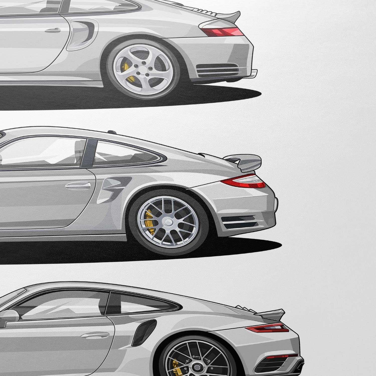Cartistry Auto Poster 911 Turbo Generationen (70x50cm, Holzrahmen Schwarz) | Geschenk für Männer, Geschenk für Autoliebhaber