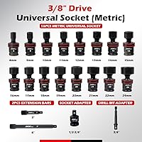 Vista 2 de Juego de llaves vaso de impacto universal de 3/8 de pulgadas, juego de 20 llaves vaso giratorias, llave vaso de junta universal de 6 puntos