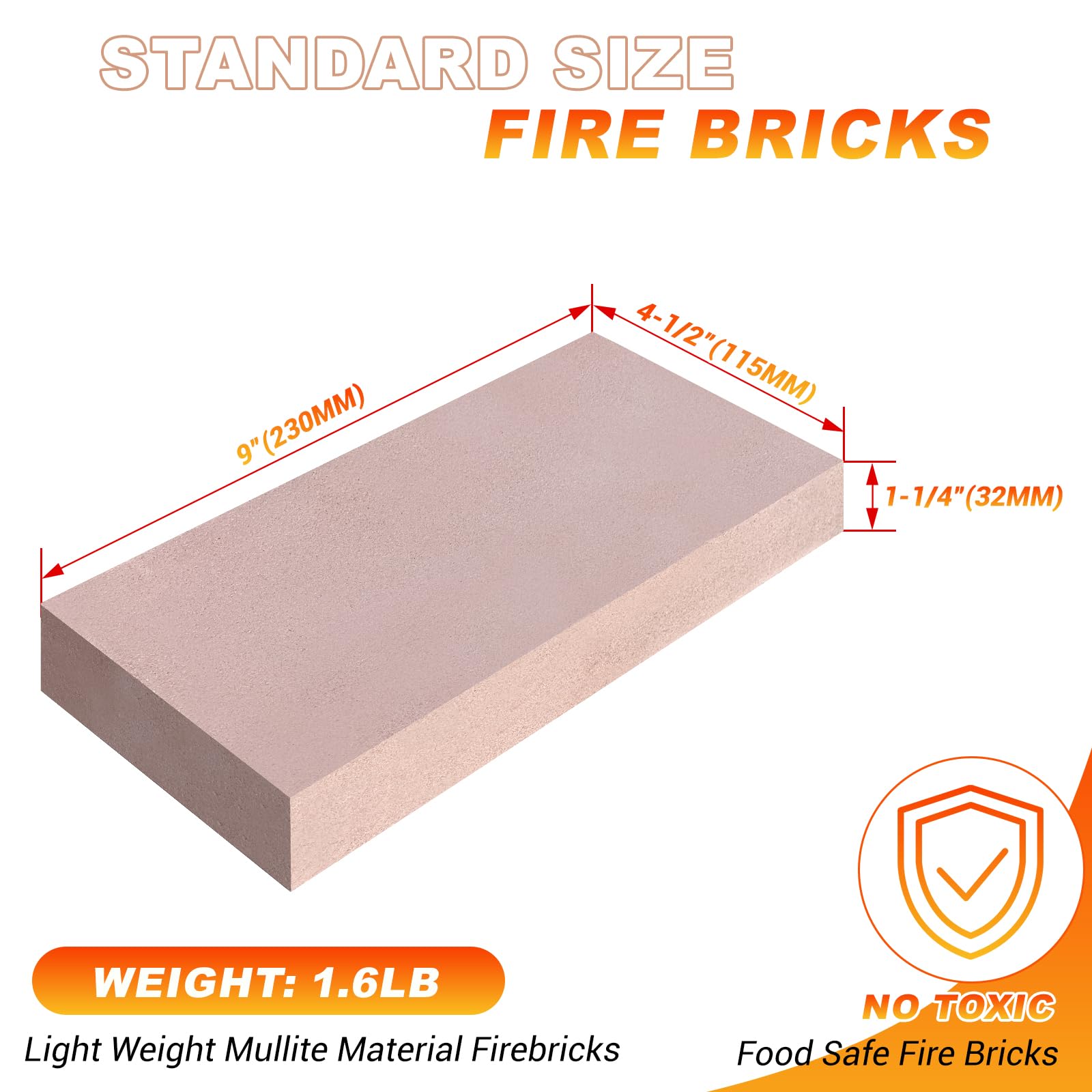 Mattoni refrattari, mattoni refrattari in argilla resistente alle alte temperature, per stufe a legna, camini, forni per pizza e affumicatori per barbecue, dimensioni 22,9 x 11,5 x 3,8 cm, confezione
