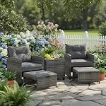 Tangkula 5 Pieces Patio Conversation Set, PE Wicker Rattan Outdoor Furniture Set with 2 Chairs, 2 Ottomans & Tempered Glass Coffee Table, Ideal for Poolside, Backyard, Lawn, Deck, Grey