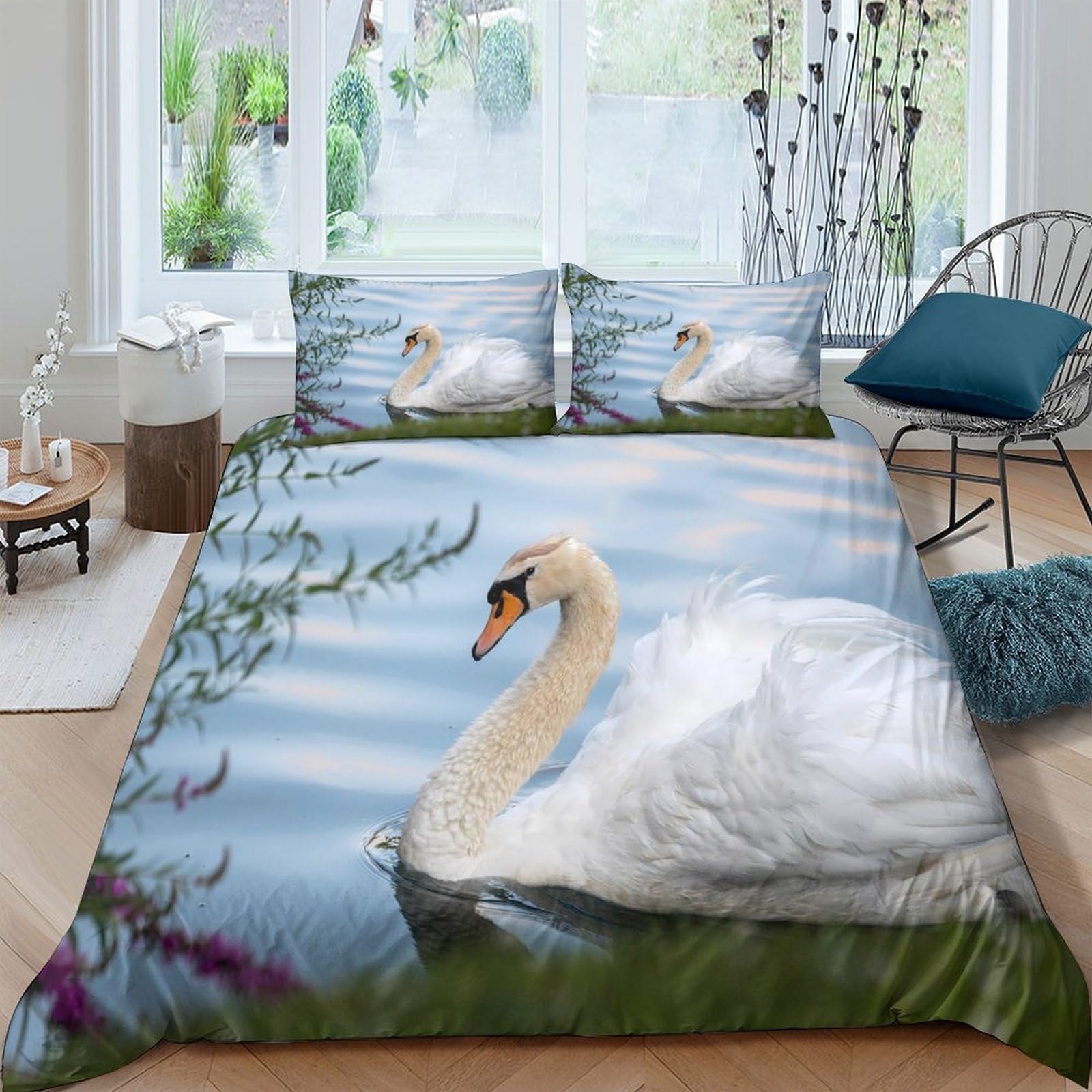 Ctjqhvkz Style-3 3D Printed Swan Lake Fitted Sheet Microfiber Soft White Waterfowl Pattern Mattress Cover For Bedroom Guest Room Decor Single（135X200cm）
