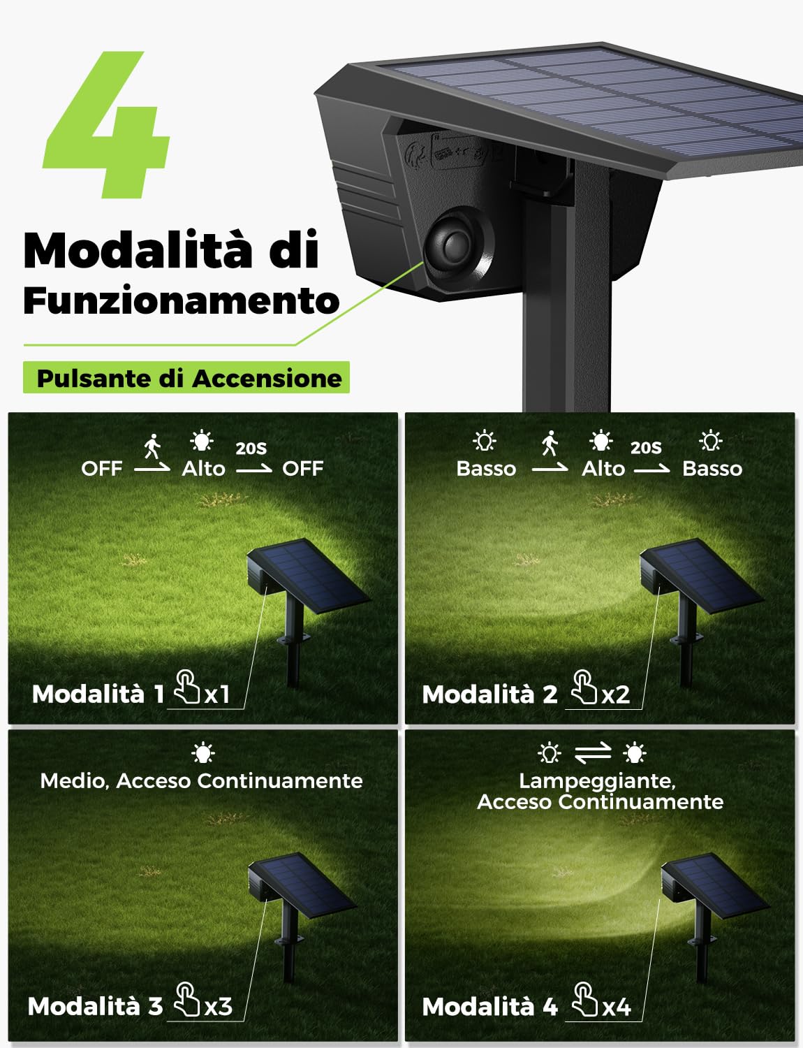 Luci Solari da Giardino con Sensore di Movimento, Lampade Solari da Esterno 6 Pezzi, 4 Modalità di Lavoro, IP67, Installazione a Parete o a Terra per Cortile e Garage - Bianco Caldo
