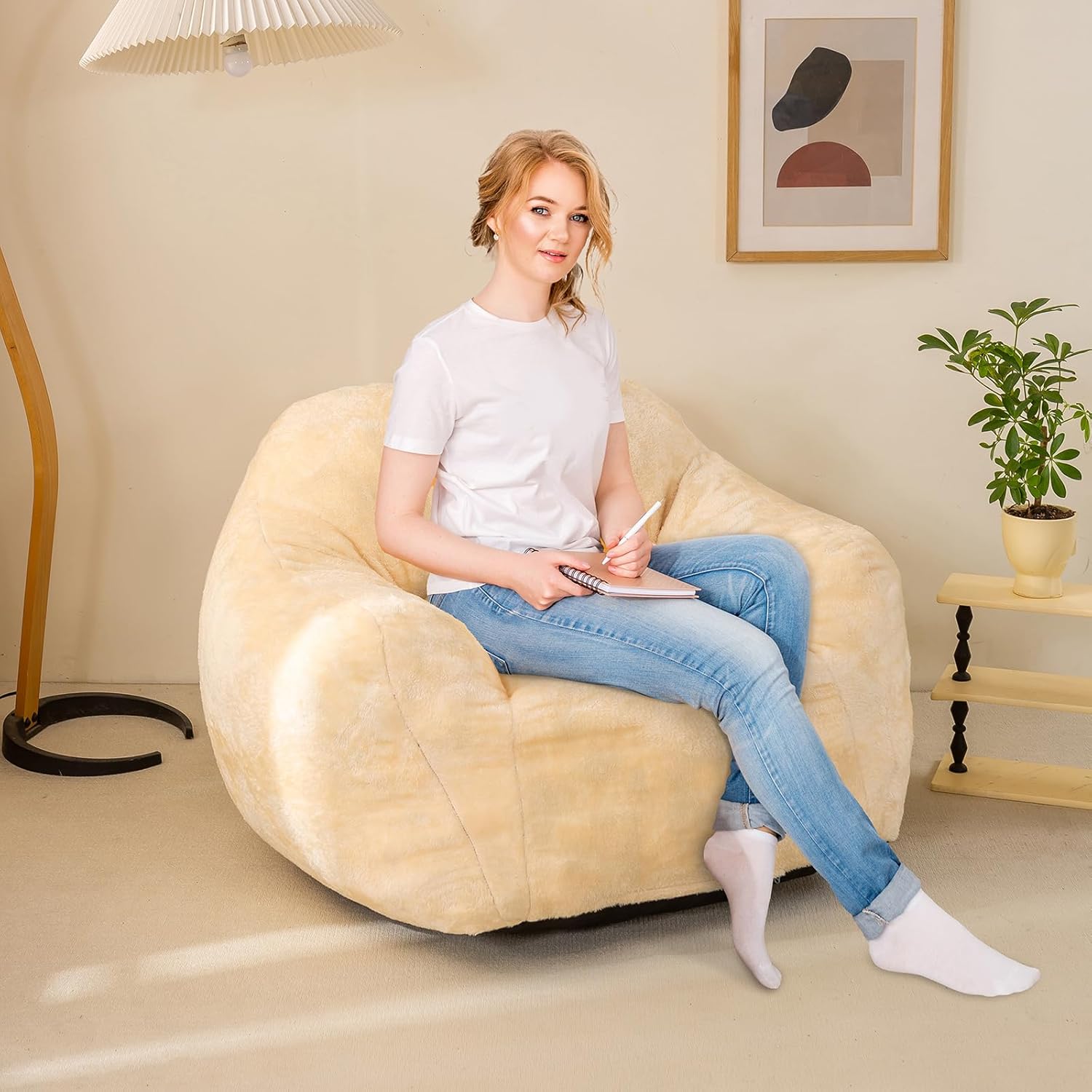 Bean Bag Sofa Chair for Adults, Beanbag Couch for Reading, Gaming, Relaxing, Soft and Durable Cover Lazy Sofa, Ivory