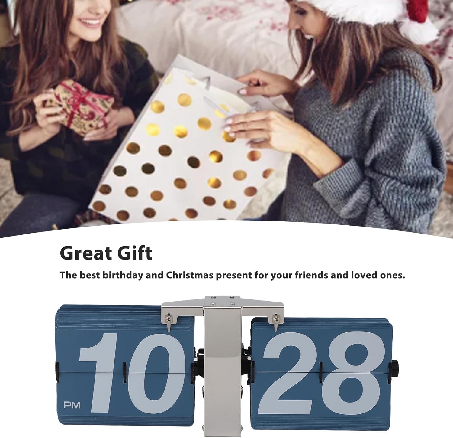 Automatic Flip Clock Mechanical Clock Battery Powered Retro Digital Flip Down Clock for Desktop Standing Wall Hanging 12H (Silver Stand and Blue Flip)