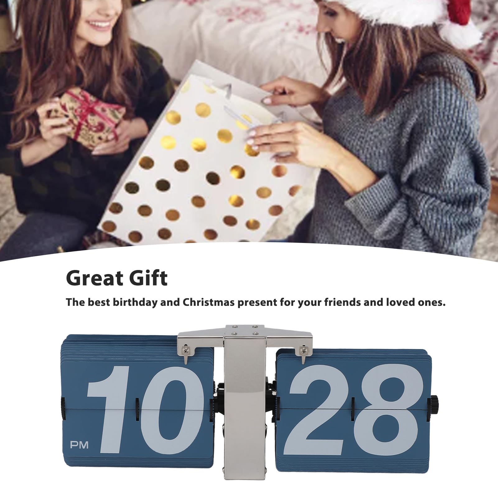 Automatische Flip -Uhr -Mechanik Retro Digital Flip Down Takt Batterie Easy Lesen Sie große Zahlen Schreibtisch Wand Hanging Edelstahl PVC Wohnzimmer Büro Studie (Silberständer und Blue Flip)