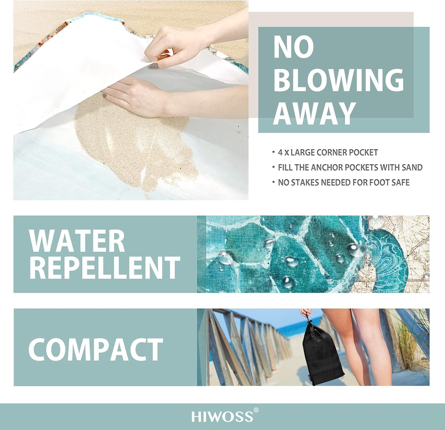 Beach Blanket Waterproof Sandproof Oversized 95”x 80”,Sand Free Beach Mat with Corner Pockets,Portable Mesh Bag for Beach Festival,Picnic,Travel and Outdoor Camping (Seaturtle) - Image 4