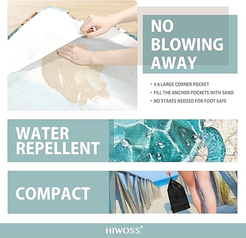 Miniatura 4 de Hiwoss manta de playa a prueba de arena de gran tamaño 95 x 80 pulgadas, impermeable, libre de arena con bolsillos en esquinas, bolsa de malla