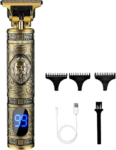 Cordless Hair Trimmer with T-Blade, LCD Display, 3 Guide Combs, USB Charging, Vintage Style