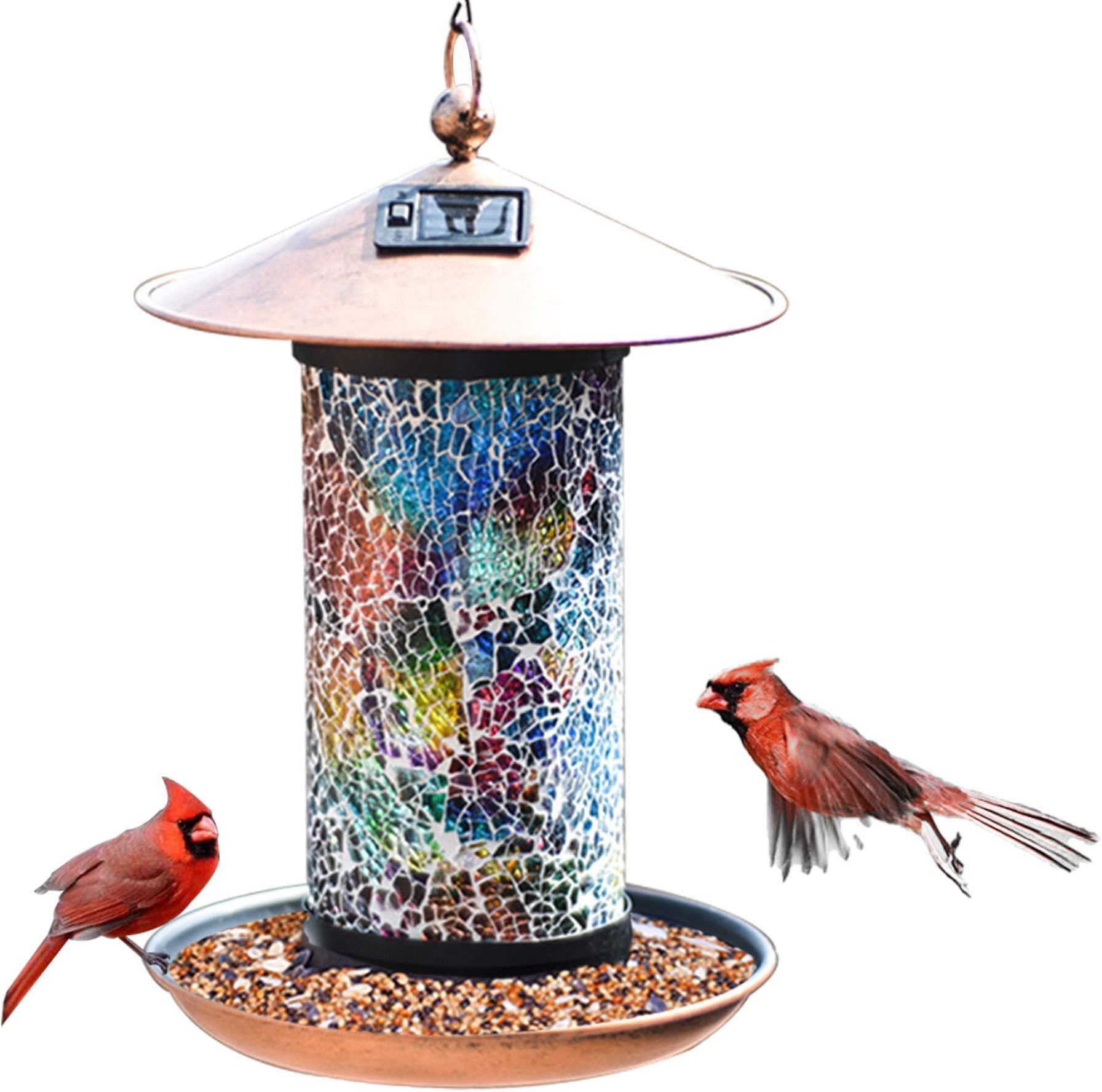 XDW-GIFTS Mosaic Solar Wild Bird Feeder, Waterproof Lantern Shape with S-Hook & 4 LED Lights, Garden Decor for Lawn, Patio, Balcony, Yard Ornament - Unique Gifts for Mom, Women, Grandma, Bird Lovers