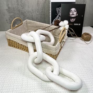 Wood Chain Link Decor - Hand Carved Boho Decorative for Table, 5 Link Chain Decor Farmhouse, Sustainable Pine, Coffee Table Decor, Shelf Decor, for Home Living Room White