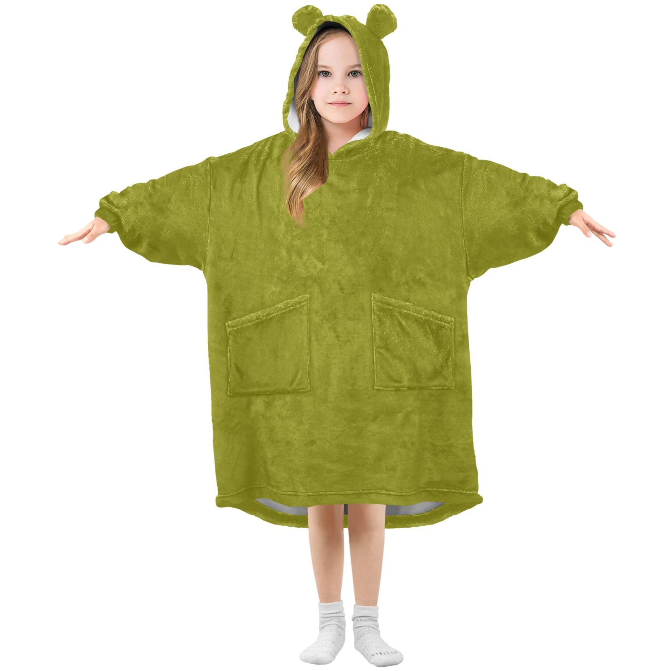 S Husky Olive Kids Wearable Blanket Hoodie with Pocket and Sleeves for Toddlers, Cute Hoodies 3-14 Year Girls Boys Olive