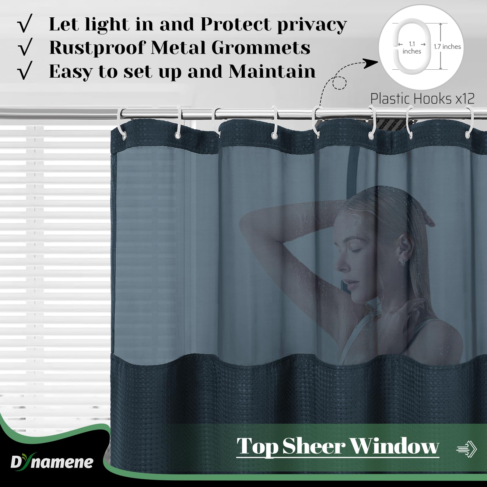 Dynamene Cortina de ducha de tela con forro a presión, cortinas de ducha de hotel para baño, lavable, impermeable, con ganchos de plástico, ventana superior de malla, 72 x 72 pulgadas