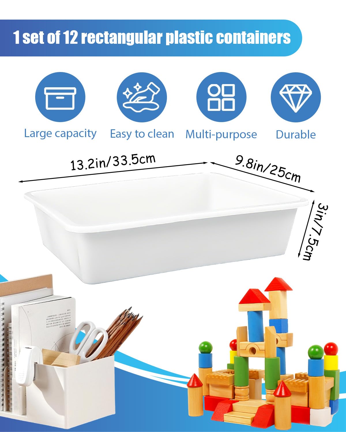 Bandejas de plástico blanco para artes y manualidades, paquete de 12 contenedores organizadores de almacenamiento planos, bandeja de papel tamaño carta para aula, apilable, Montessori, almacenamiento