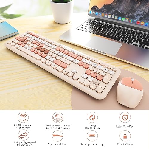 Vista 2 de Combo de teclado y mouse inalámbricos, colorido teclado ergonómico de tamaño completo con diseño retro, silencioso, con teclas bonitas, compatible