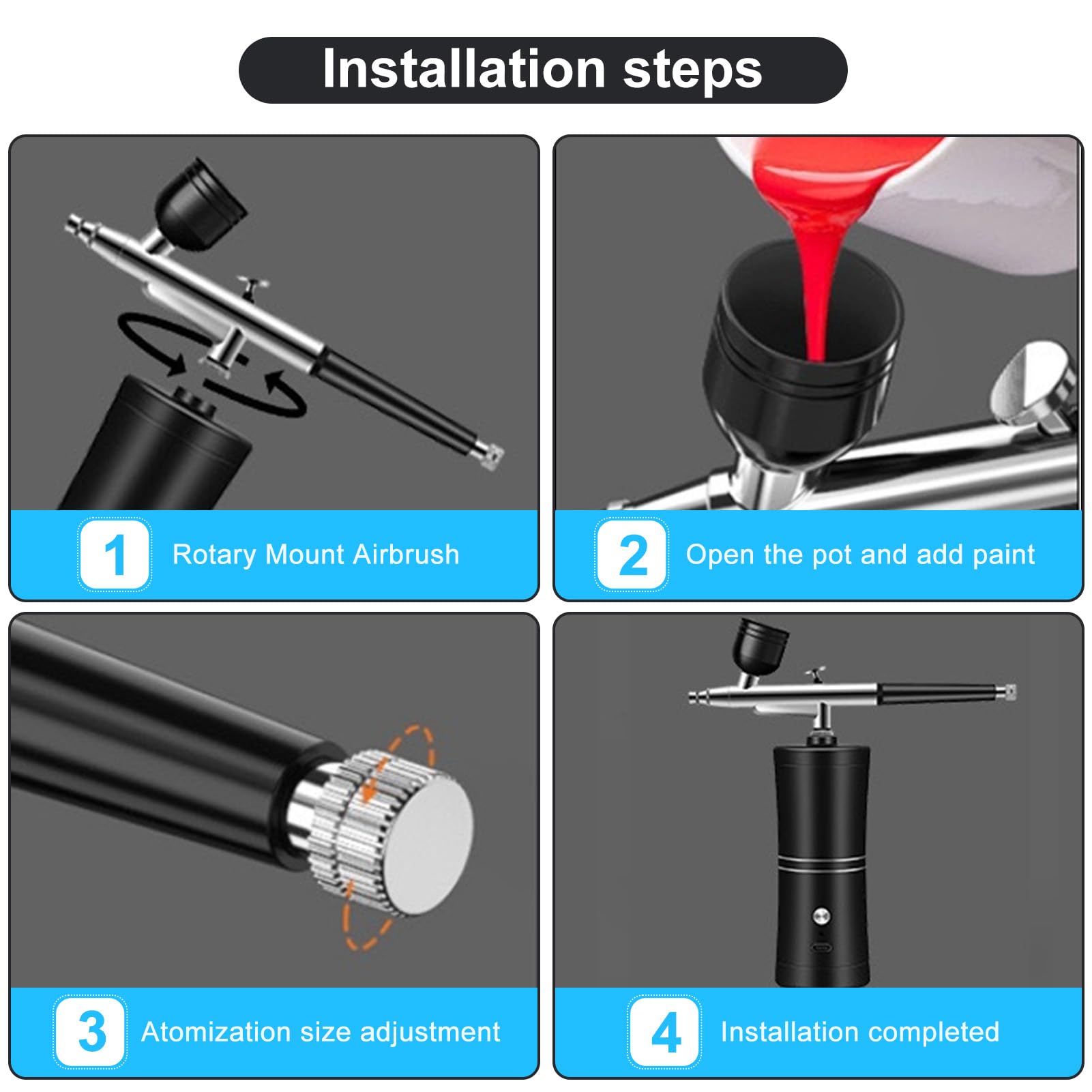 Kit Aerografo con Compressore, Set Aerografo Senza Fili, Aerografo Con Compressore USB Ricaricabile con Ugello da 0,4mm Ideale per Nail Art, Trucco e Pittura (Nero)