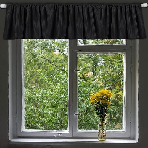 Vista 6 de 6 cortinas opacas para ventana, cenefas de tela opaca negra para ventanas, cortinas de sótano, cenefa con bolsillo para barra, cenefas de ventana