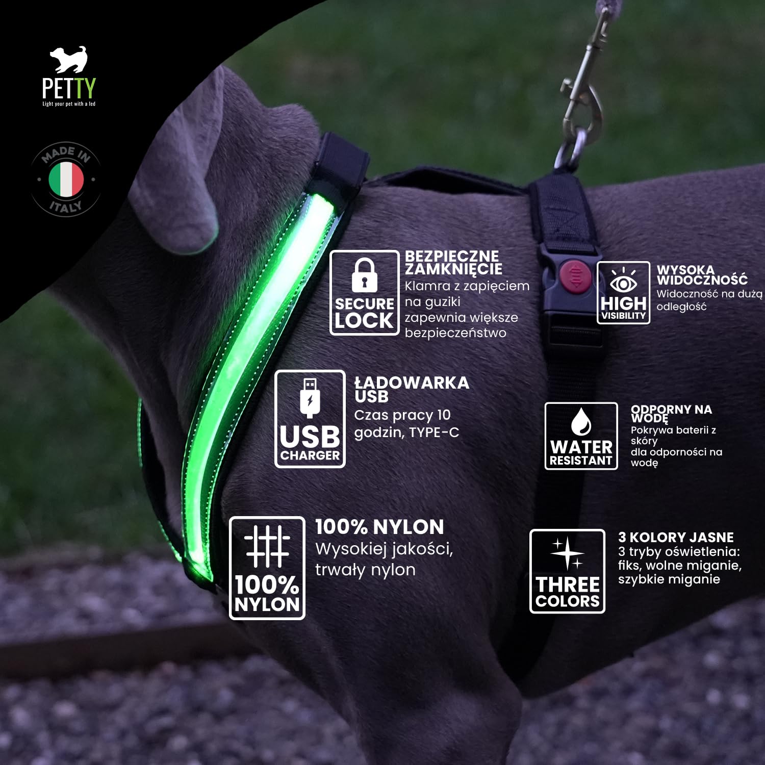 Szelki LED Luminous Pettystore dla psa, wodoodporne z akumulatorem ładowanym przez USB - do 10 godzin pracy na baterii- Wygodne szelki neoprenowe dla psów średnich i dużych. (S Czerwony)